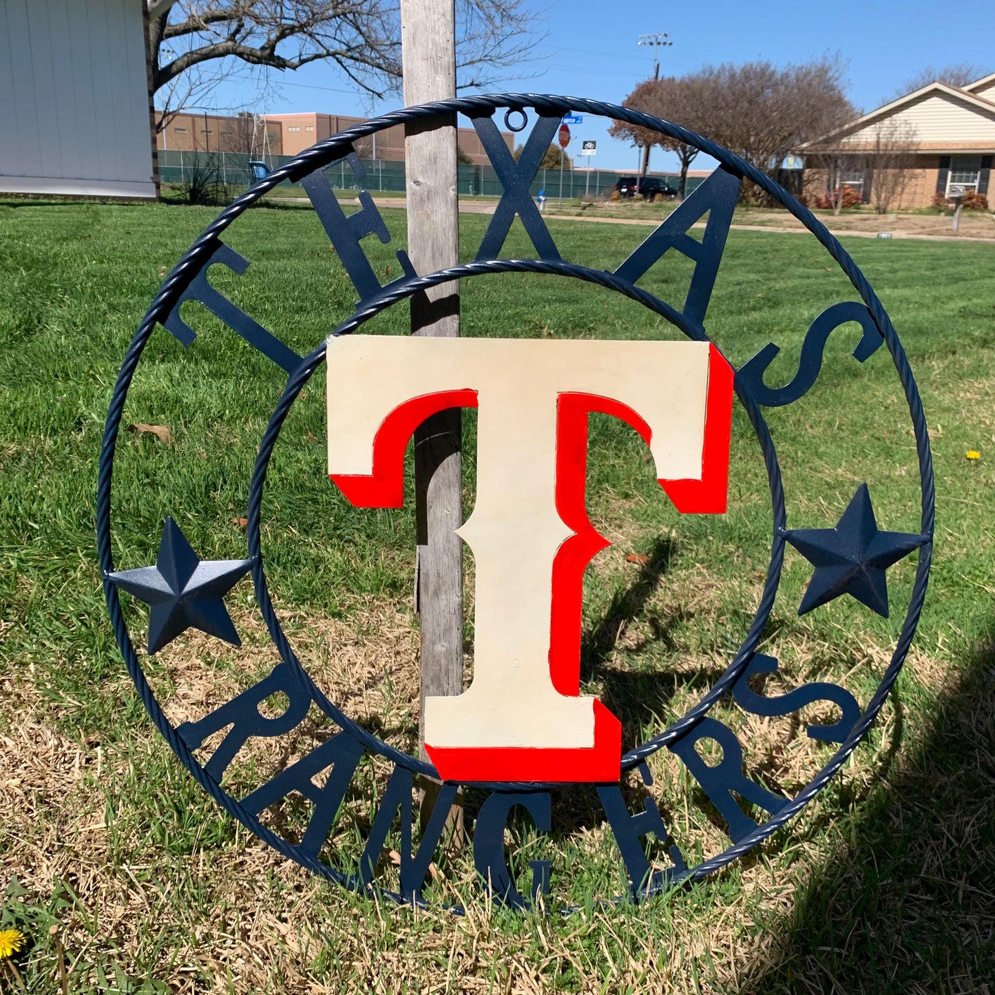 12", 18", 24", 32" TEXAS RANGERS BARN CUSTOM METAL VINTAGE CRAFT SIGN TEAM  WHITE & RED & NAVY BLUE RING & STAR HANDMADE