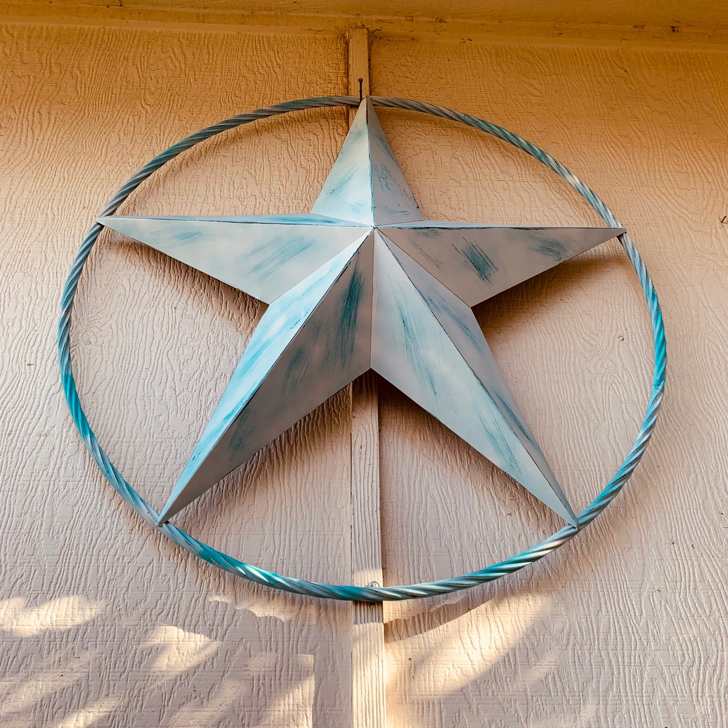#EH11219 TURQUOISE WHITE DISTRESSED STAR TWO TONE TEXTURE BARN STAR METAL LONESTAR TWISTED ROPE RING WESTERN HOME DECOR HANDMADE NEW
