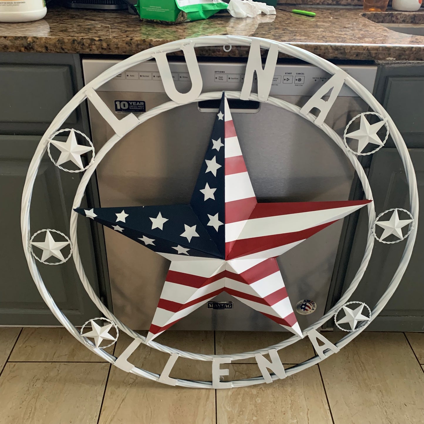 LUNA STYLE CUSTOM NAME BARN STAR METAL STAR 3d TWISTED ROPE RING WESTERN HOME DECOR USA FLAG STAR RED WHOTE & BLUE WITH WHITE RING HANDMADE 24",32",36",50"
