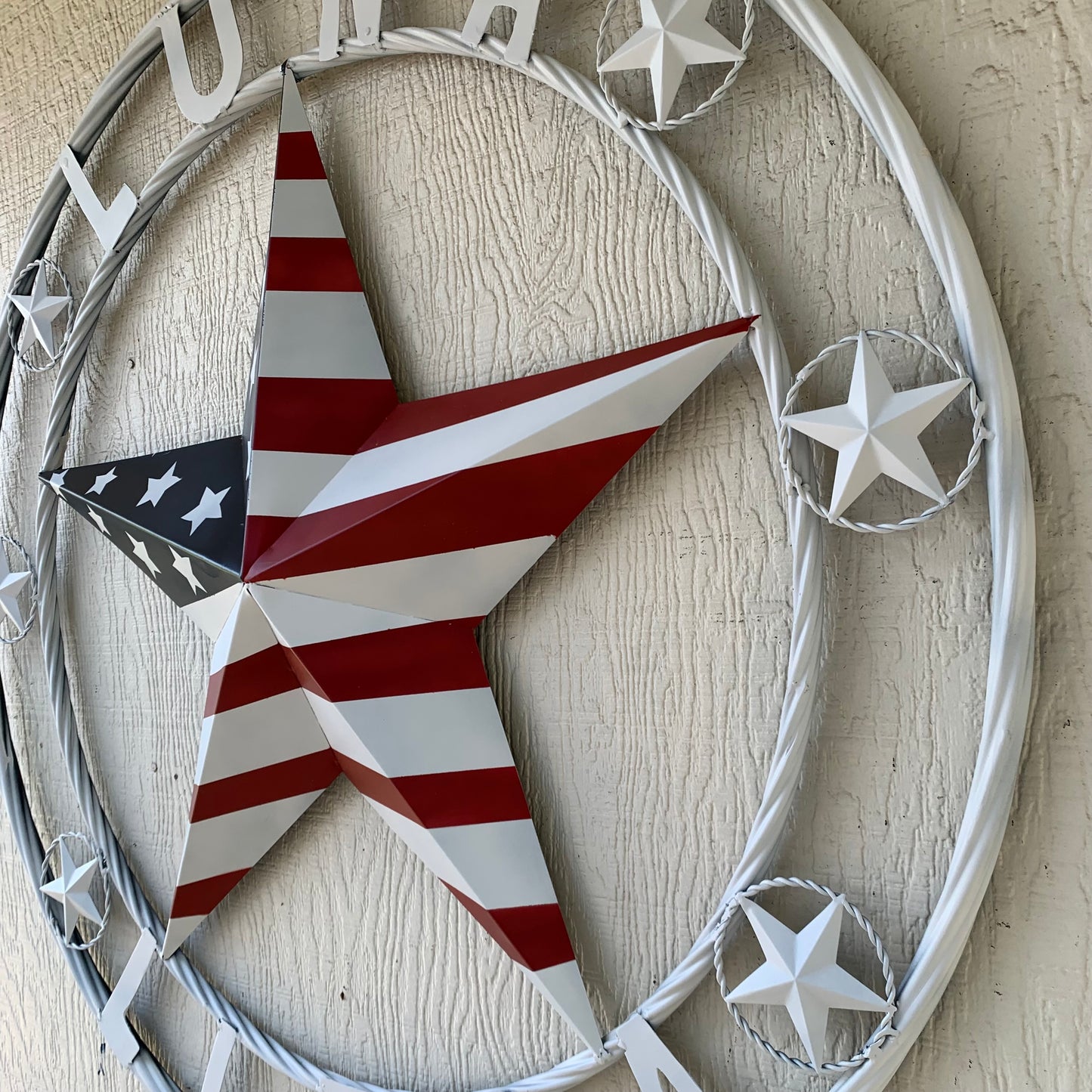 LUNA STYLE CUSTOM NAME BARN STAR METAL STAR 3d TWISTED ROPE RING WESTERN HOME DECOR USA FLAG STAR RED WHOTE & BLUE WITH WHITE RING HANDMADE 24",32",36",50"