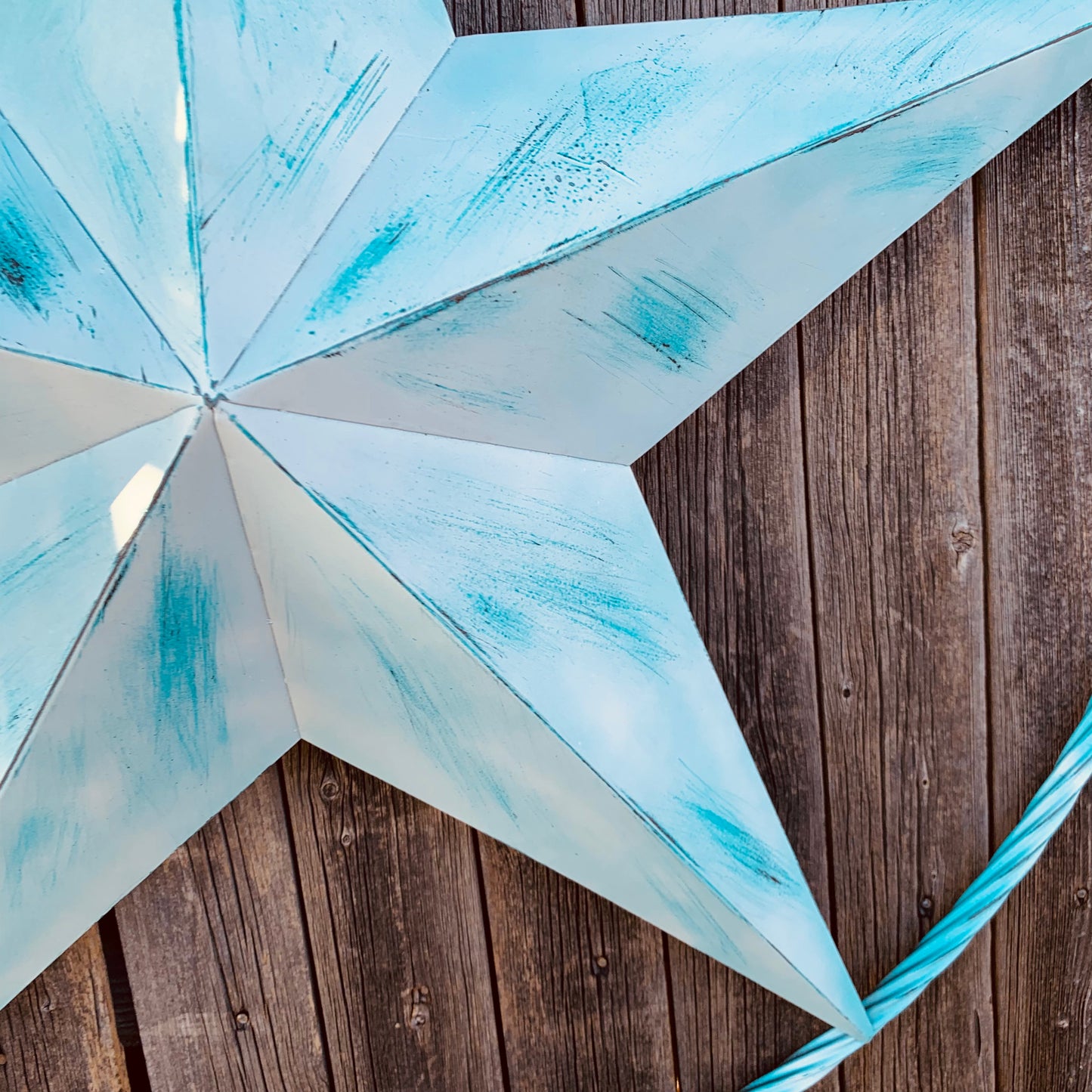 #EH11219 TURQUOISE WHITE DISTRESSED STAR TWO TONE TEXTURE BARN STAR METAL LONESTAR TWISTED ROPE RING WESTERN HOME DECOR HANDMADE NEW
