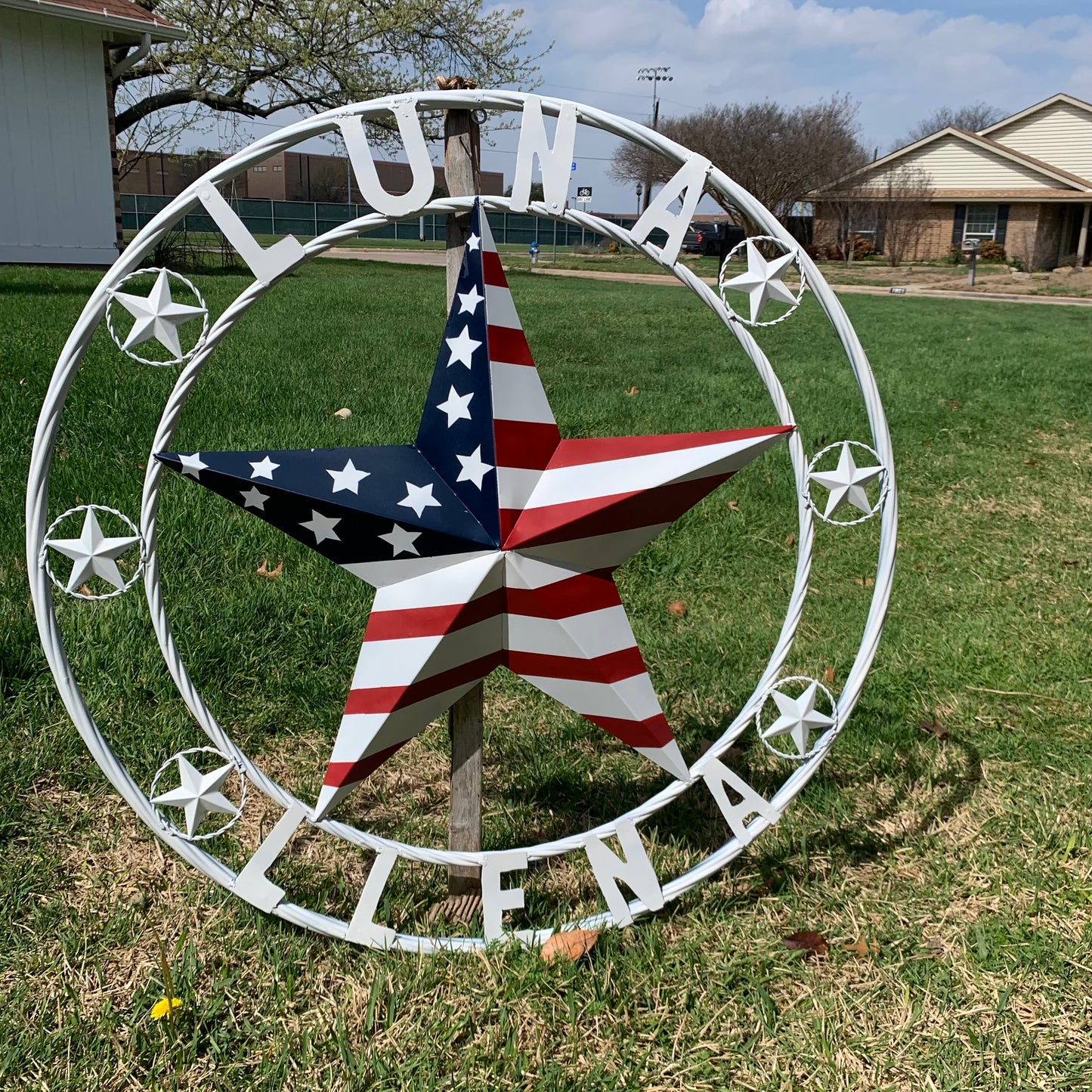 LUNA STYLE CUSTOM NAME BARN STAR METAL STAR 3d TWISTED ROPE RING WESTERN HOME DECOR USA FLAG STAR RED WHOTE & BLUE WITH WHITE RING HANDMADE 24",32",36",50"