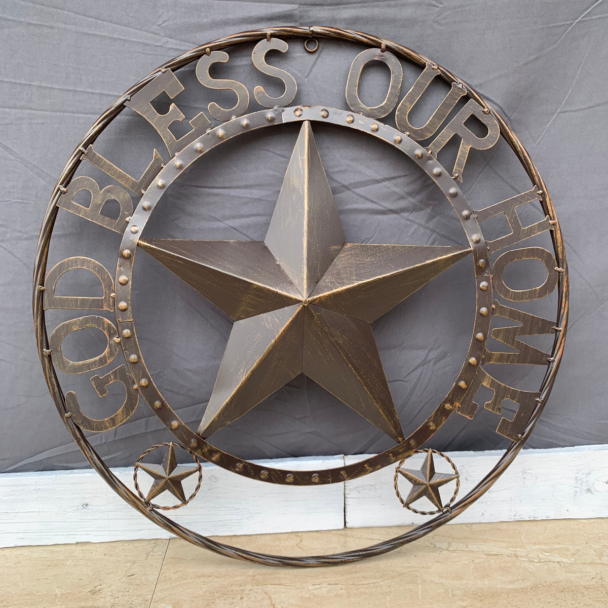 24" GOD BLESS OUR HOME BEADED STAR COLIBROX METAL TWISTED ROPE RING LONE STAR WALL ART WESTERN HOME DECOR RUSTIC DARK BRONZE COPPER HANDMADE NEW