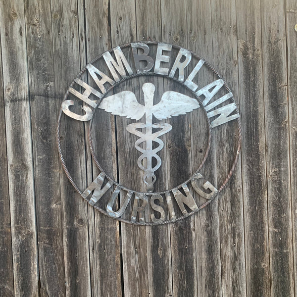 CUSTOM NAME CHAMBERLAIN NURSING STYLE TWISTIED RING BARN RUSTIC BRONZE METAL SIGN WESTERN HOME DECOR HANDMADE 24",32",36"