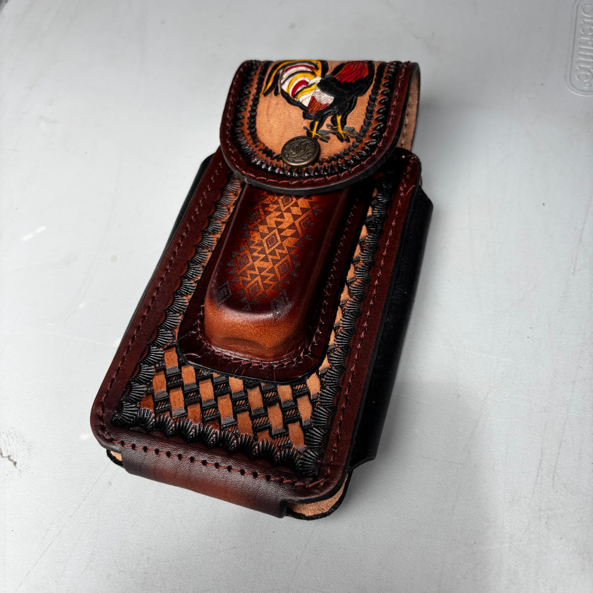 ROOSTER LEATHER HOLSTER 7" PHONE POUCH WITH KNIFE HOLDER FRONT EXTRA LARGE  BELT LOOP CELL PHONE CASE UNIVERSAL OVERSIZE MADE IN MEXICO #EH13860