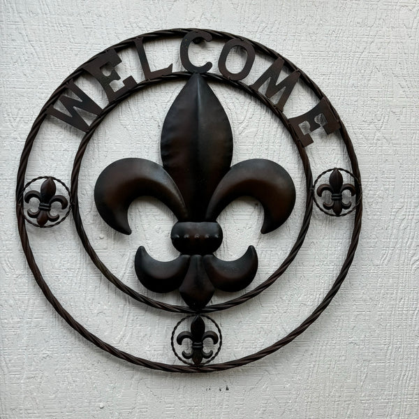 24" WELCOME FLEUR DE LIS METAL WALL ART WESTERN HOME DECOR BROWN NEW #EH11997