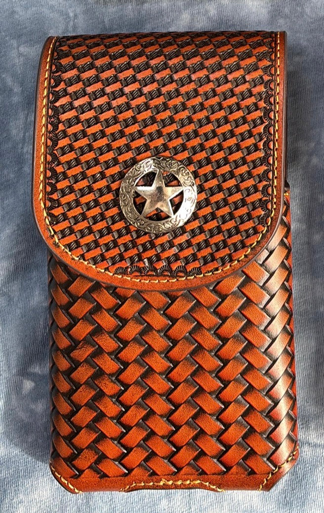 7" LONE STAR LEATHER HOLSTER TAN BROWN STAR POUCH EXTRA LARGE  BELT LOOP CELL PHONE CASE UNIVERSAL OVERSIZE #EH12702