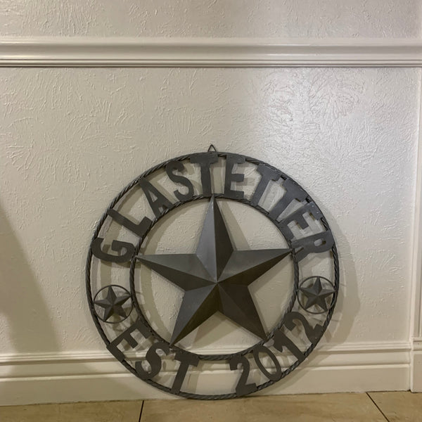 GLASTETTER STYLE YOUR CUSTOM NAME BARN STAR 3d METAL LONE STAR TWISTED ROPE RING WESTERN HOME DECOR RUSTIC GREY HANDMADE 24",32",36",50"