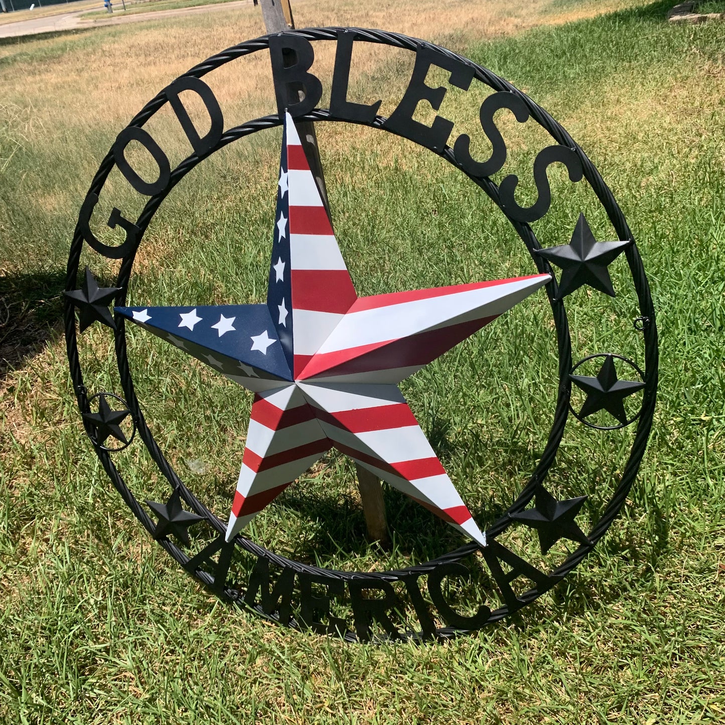 GOD BLESS AMERICA USA FLAG 3d STAR METAL BARN STAR BLACK TWISTED ROPE RING WALL ART WESTERN HOME DECOR RED WHITE & BLUE HANDMADE NEW #EH10490
