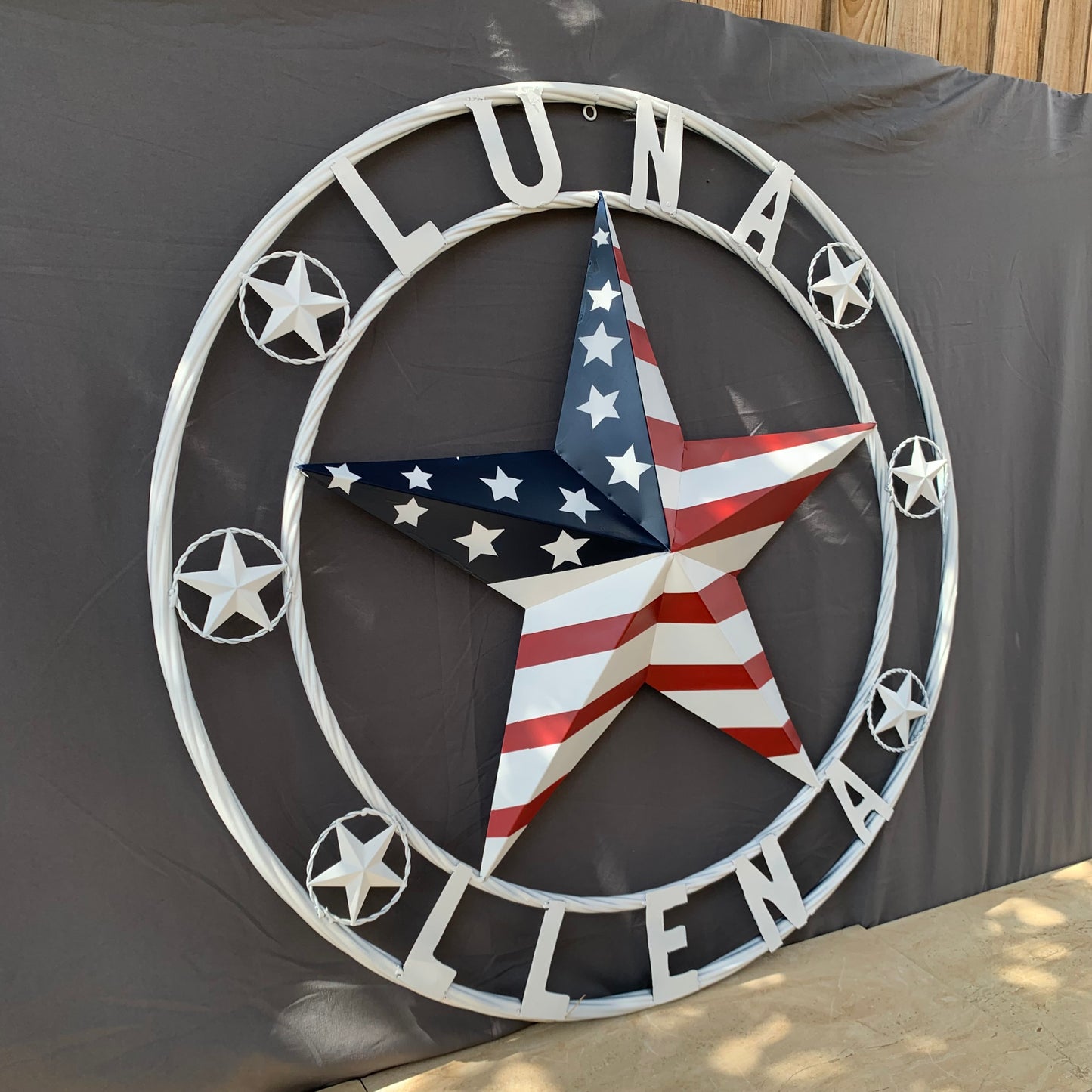 LUNA STYLE CUSTOM NAME BARN STAR METAL STAR 3d TWISTED ROPE RING WESTERN HOME DECOR USA FLAG STAR RED WHOTE & BLUE WITH WHITE RING HANDMADE 24",32",36",50"