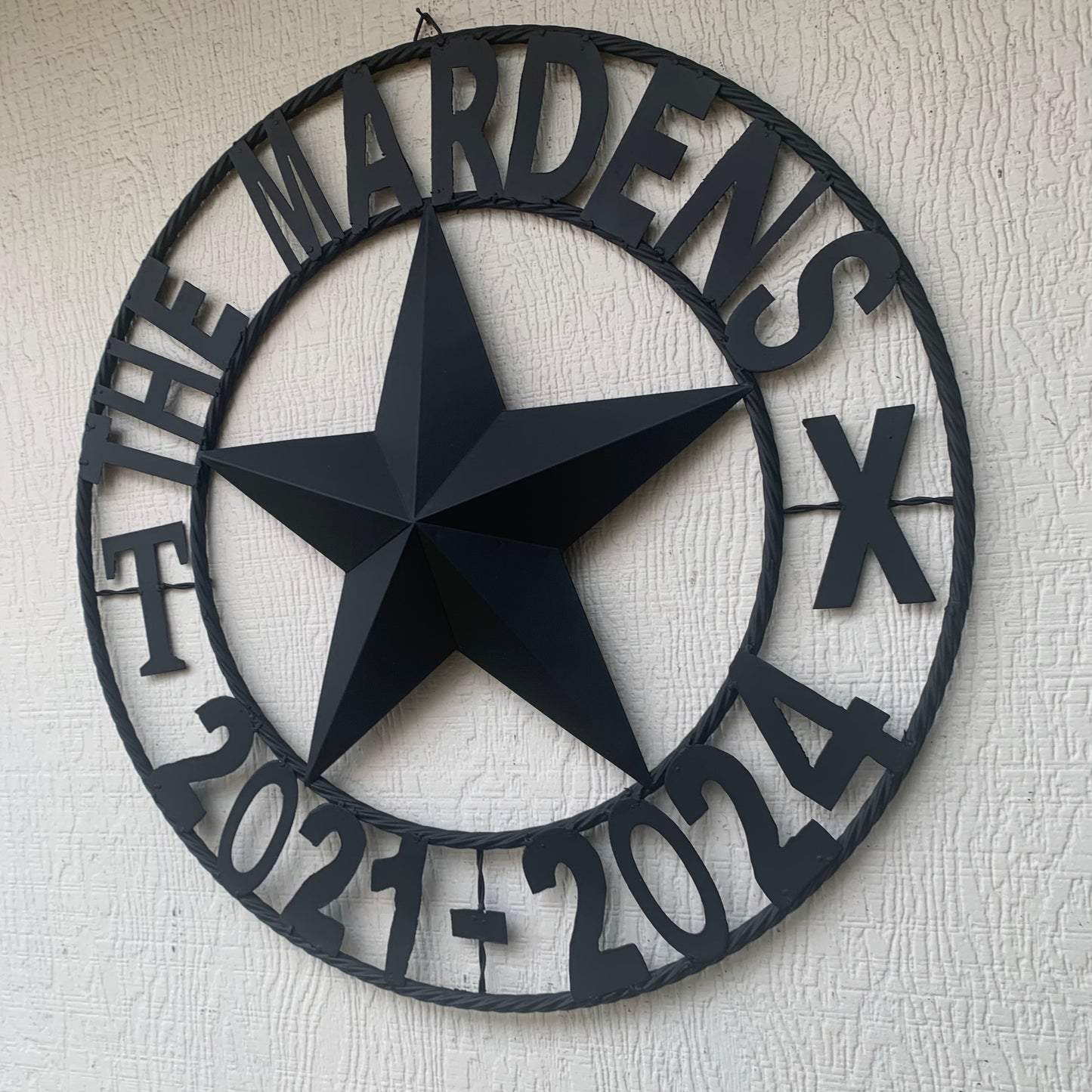 MARDENS STYLE CUSTOM NAME STAR BARN METAL STAR 3d TWISTED ROPE RING WESTERN HOME DECOR RUSTIC BLACK HANDMADE 24",32",36",50"