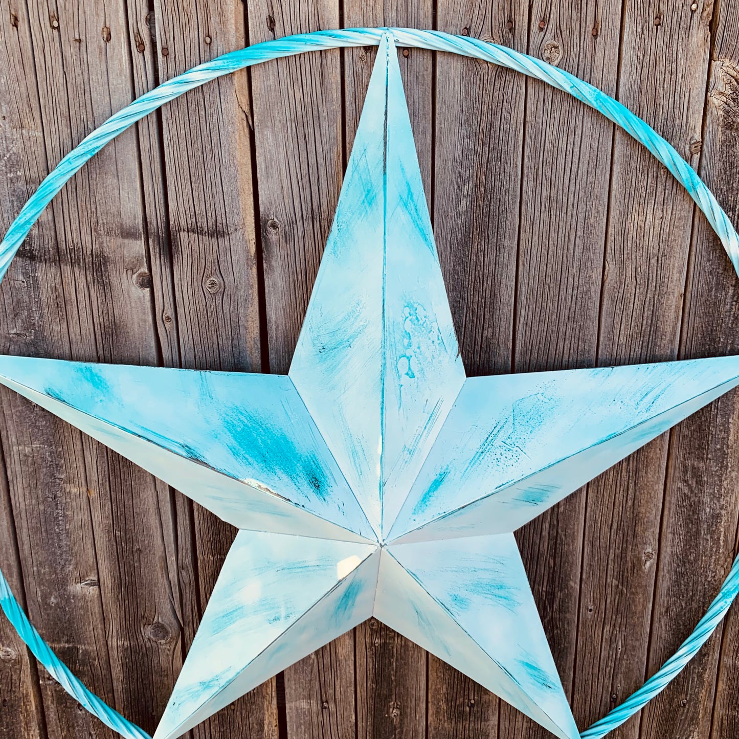#EH11219 TURQUOISE WHITE DISTRESSED STAR TWO TONE TEXTURE BARN STAR METAL LONESTAR TWISTED ROPE RING WESTERN HOME DECOR HANDMADE NEW