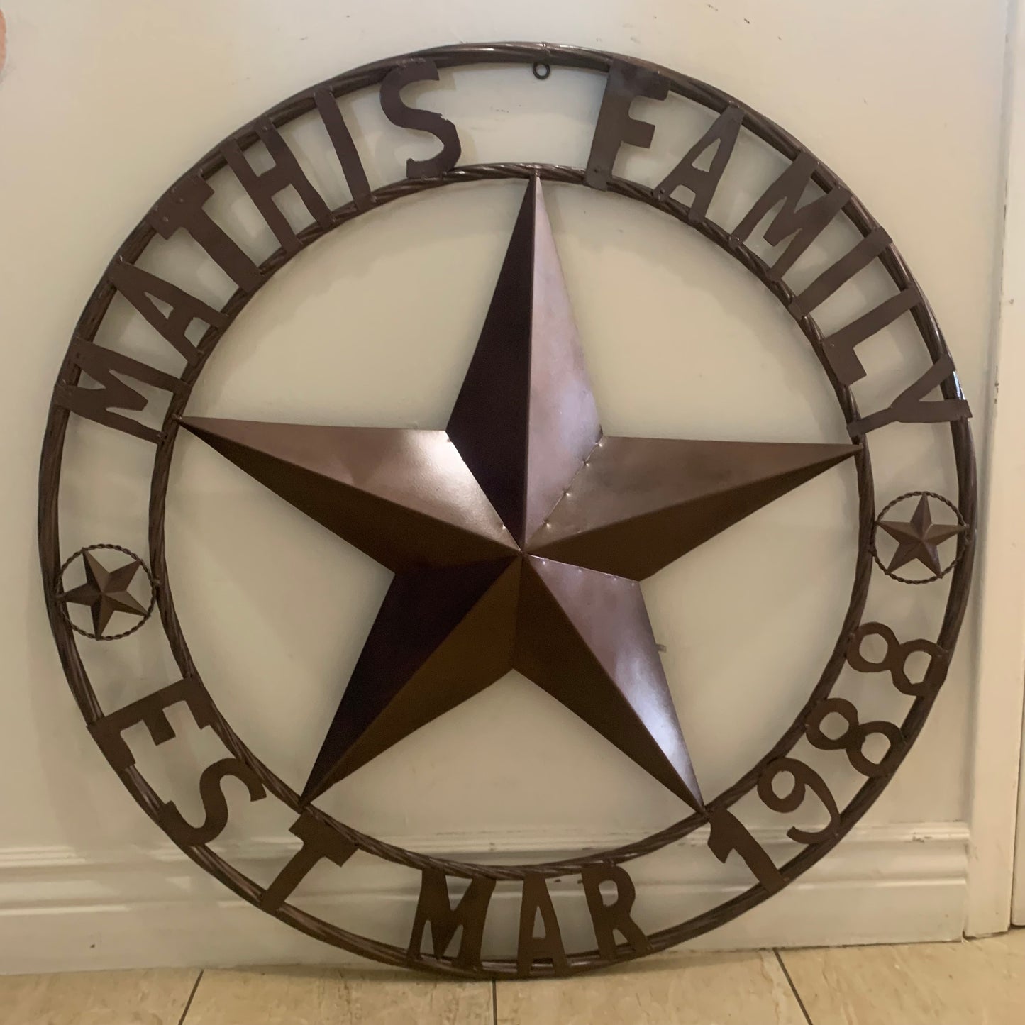 MATHIS STYLE CUSTOM NAME STAR BARN STAR 3d METAL LONESTAR TWISTED ROPE RING WESTERN HOME DECOR RUSTIC BRONZE COPPER HANDMADE 24",32",36",50"