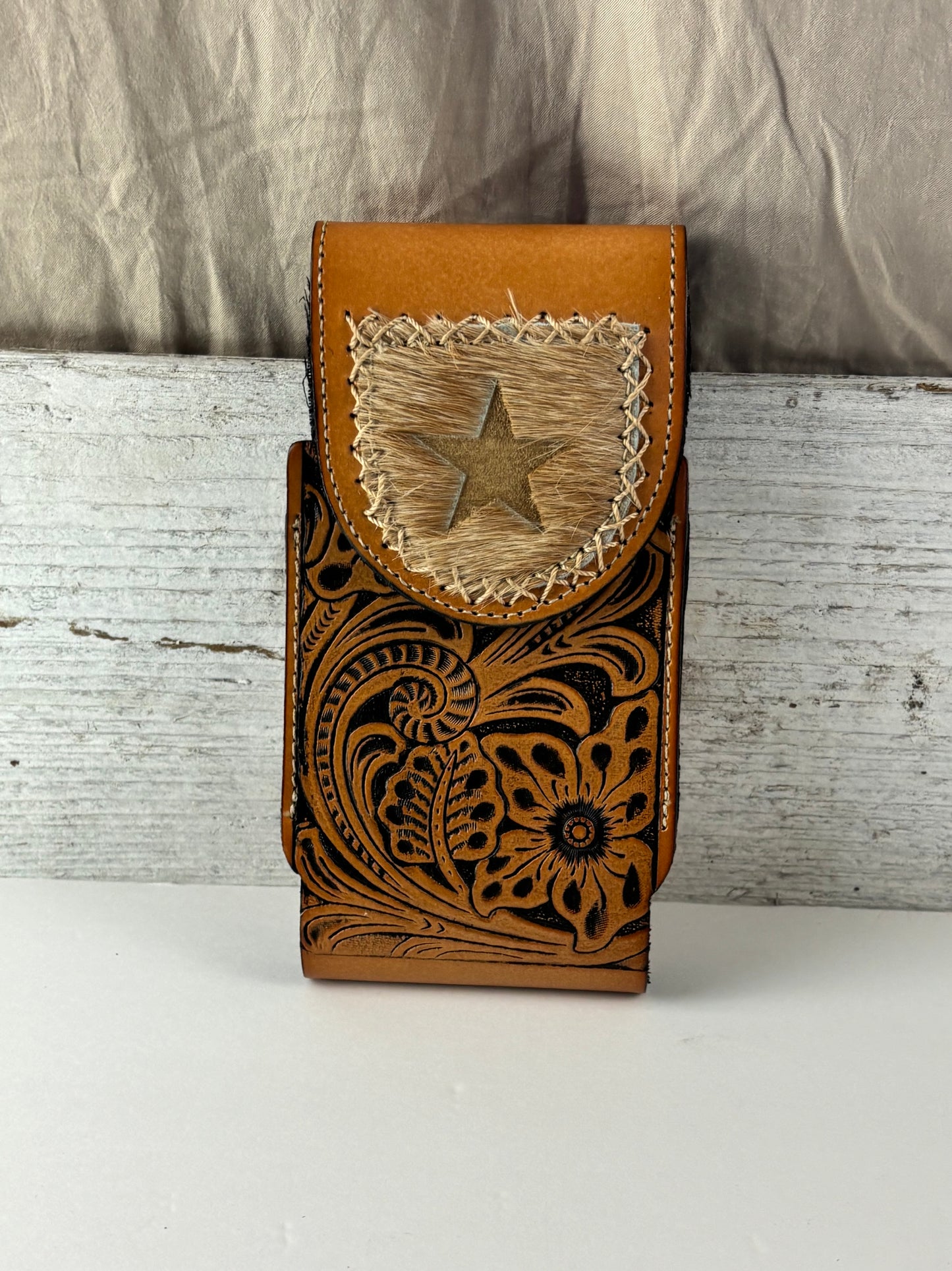 7" STAR LEATHER HOLSTER TAN BROWN STAR POUCH EXTRA LARGE  BELT LOOP CELL PHONE CASE UNIVERSAL OVERSIZE #EH13320
