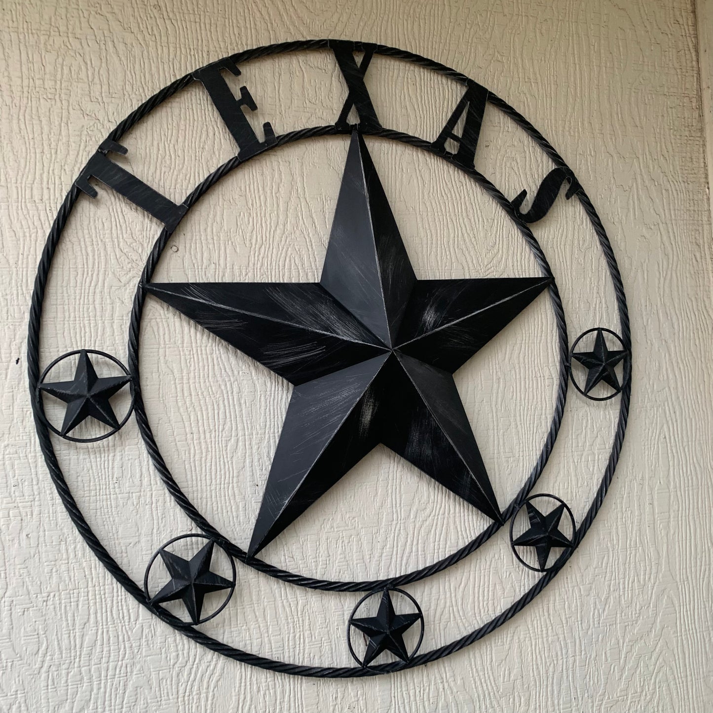 TEXAS BLACK DISTRESSED STAR TWO TONE TEXTURE BARN STAR METAL LONESTAR TWISTED ROPE RING WESTERN HOME DECOR HANDMADE NEW