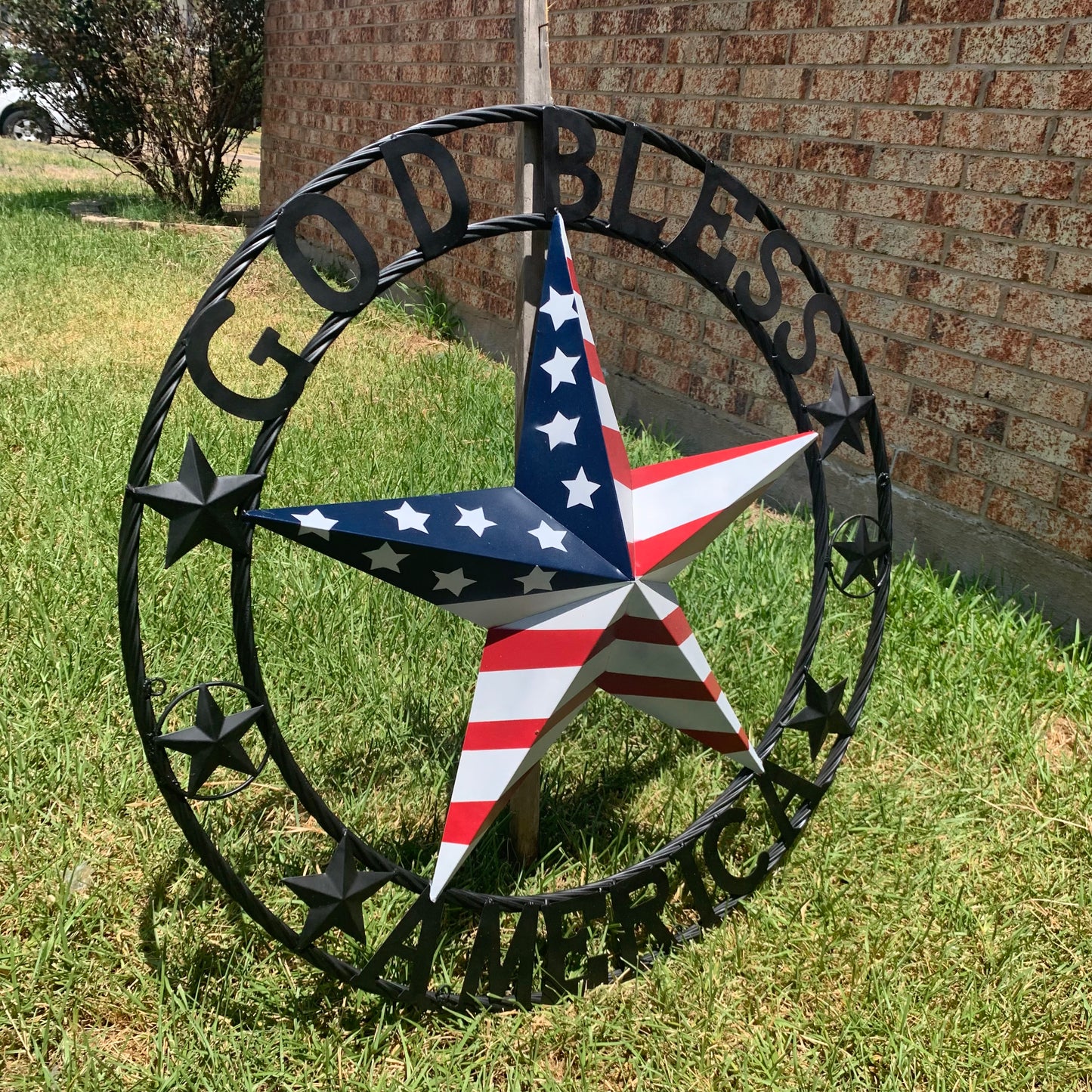 GOD BLESS AMERICA USA FLAG 3d STAR METAL BARN STAR BLACK TWISTED ROPE RING WALL ART WESTERN HOME DECOR RED WHITE & BLUE HANDMADE NEW #EH10490