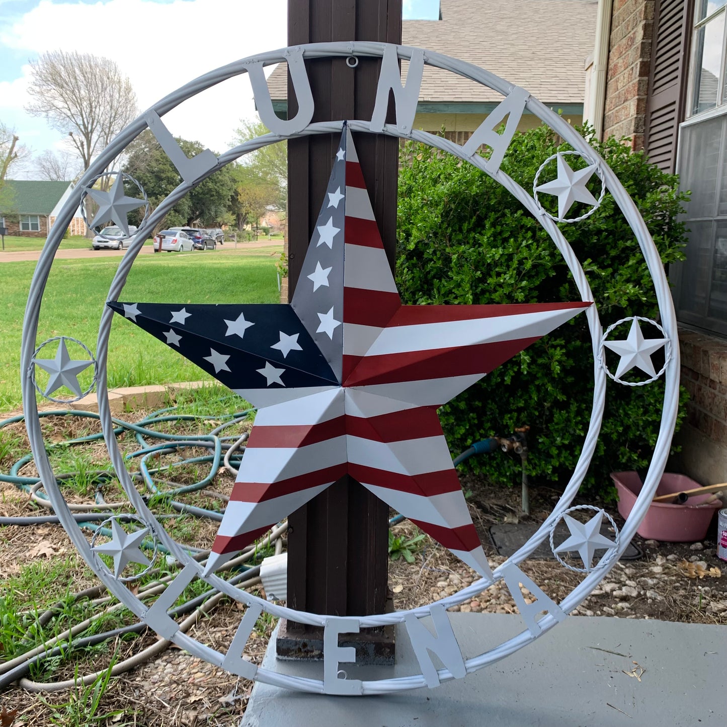 LUNA STYLE CUSTOM NAME BARN STAR METAL STAR 3d TWISTED ROPE RING WESTERN HOME DECOR USA FLAG STAR RED WHOTE & BLUE WITH WHITE RING HANDMADE 24",32",36",50"