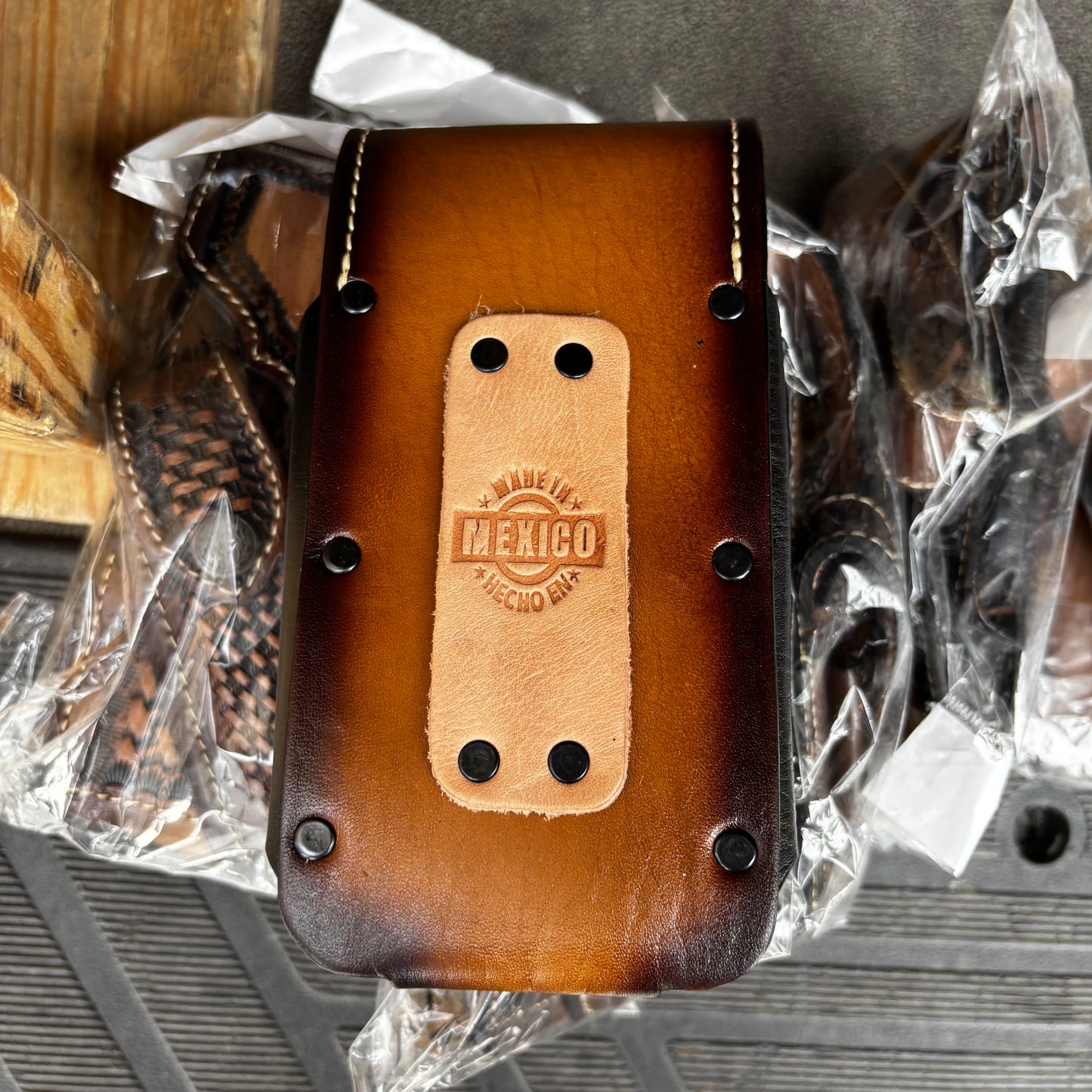 LONGHORN LEATHER HOLSTER 7" PHONE POUCH WITH KNIFE HOLDER FRONT EXTRA LARGE  BELT LOOP CELL PHONE CASE UNIVERSAL OVERSIZE MEXICO MADE #EH
