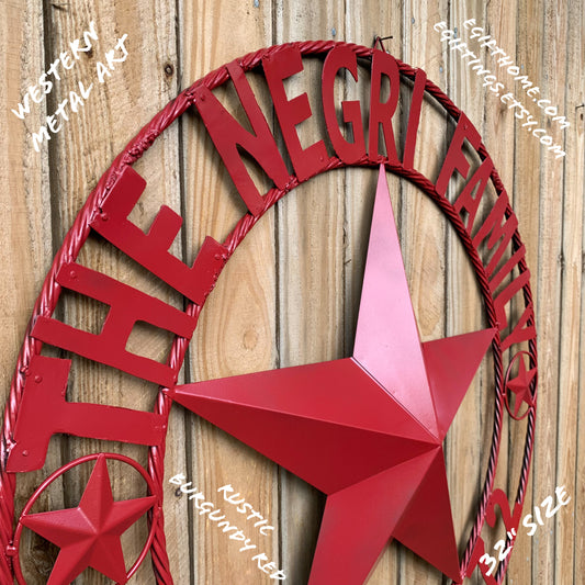 NEGRI FAMILY STYLE YOUR CUSTOM NAME STAR BARN STAR METAL LONE STAR WESTERN HOME DECOR RUSTIC BURGUNDY RED HANDMADE 24",32",36",50"