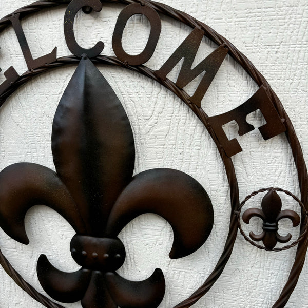 24" WELCOME FLEUR DE LIS METAL WALL ART WESTERN HOME DECOR BROWN NEW #EH11997