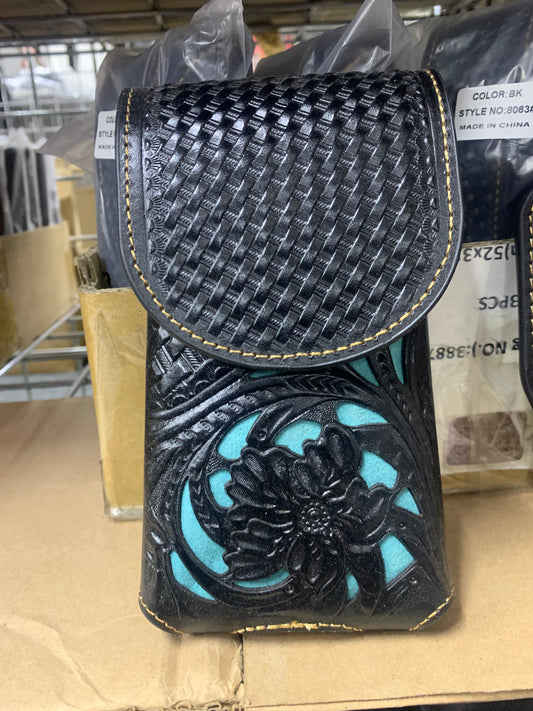 #LG_1002  7" SIMPLE PLAIN BLACK LEATHER TURQUOISE POUCH NO CONCHO EXTRA LARGE  BELT LOOP HOLSTER CELL PHONE CASE UNIVERSAL OVERSIZE