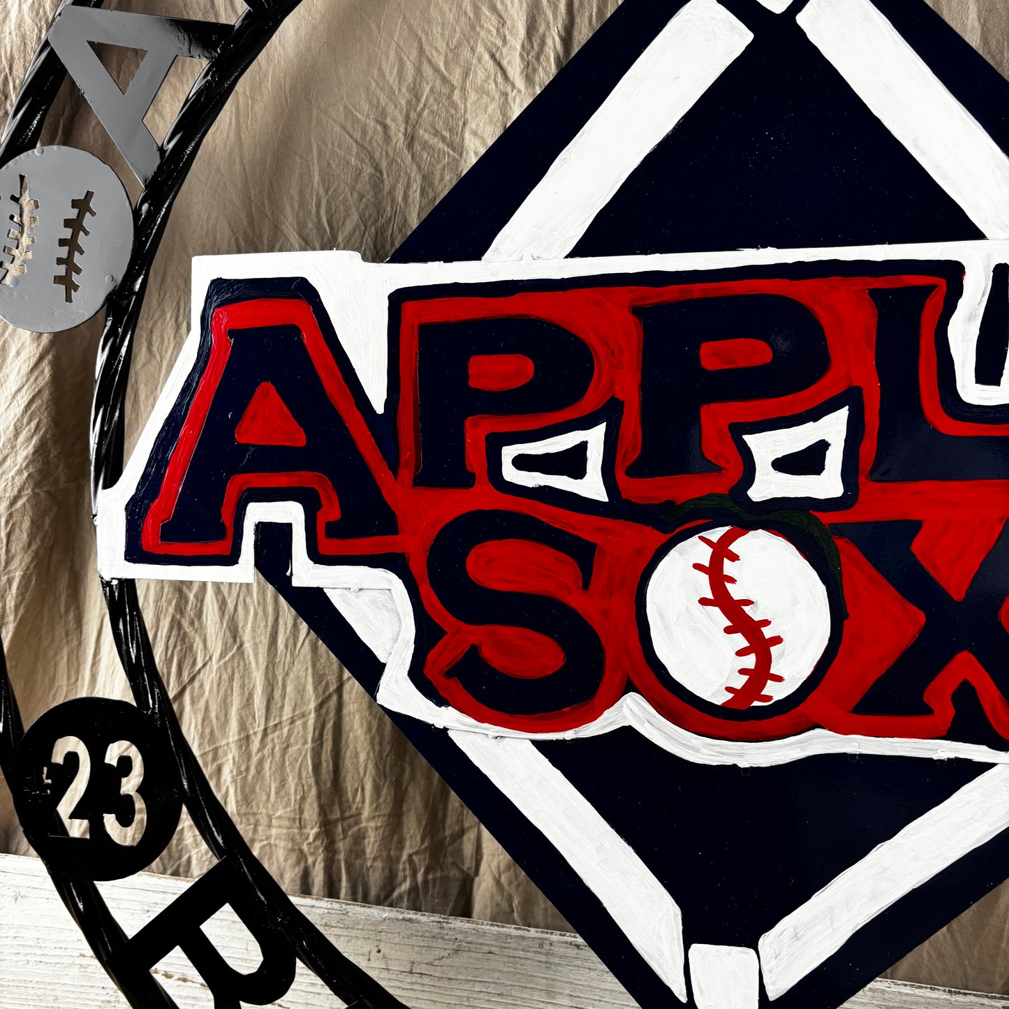 APPLE SOX BASEBALL CUSTOM METAL VINTAGE CRAFT SIGN TEAM NAVY BLUE WHITE RED HANDMADE
