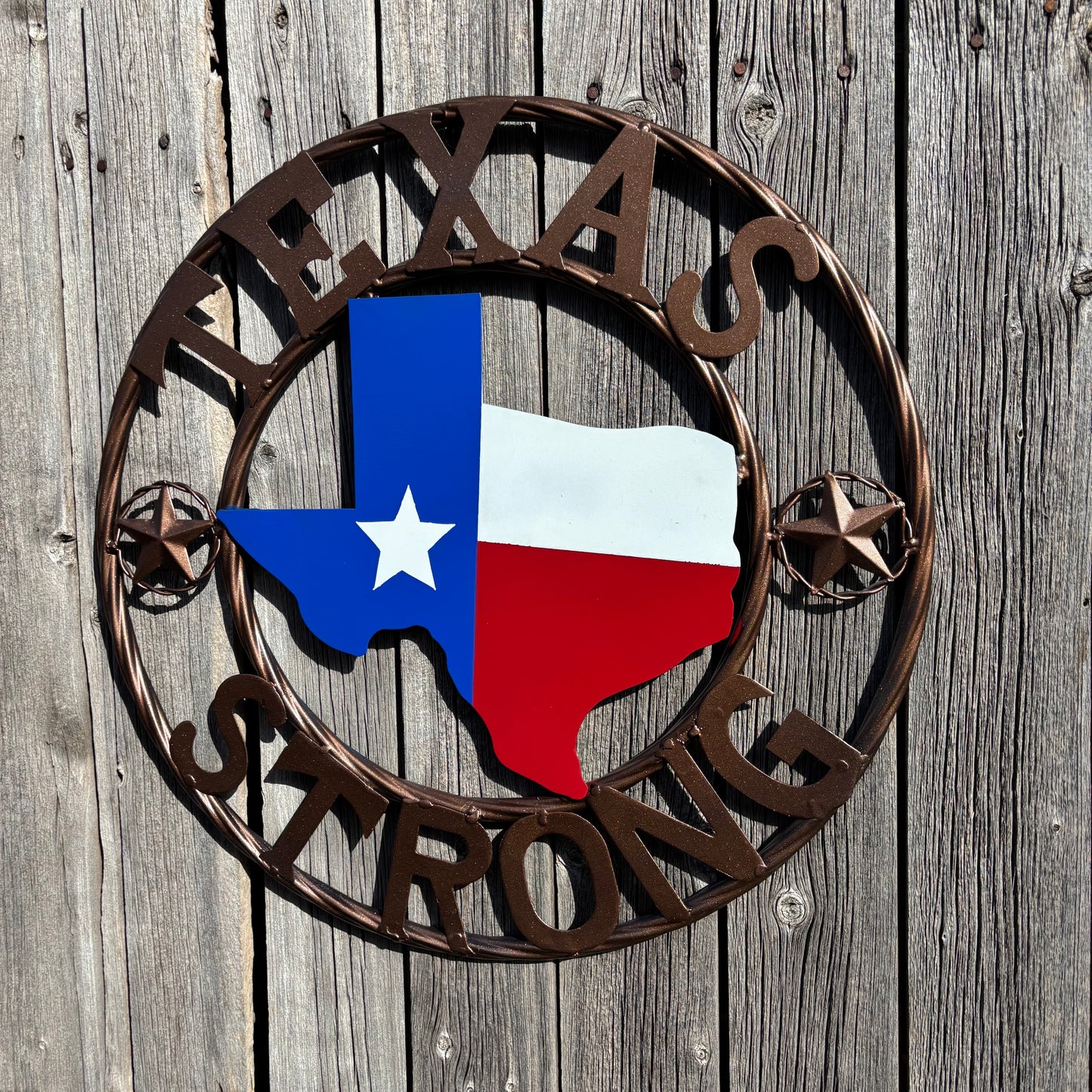 TEXAS STRONG SIGN METAL WALL ART WESTERN HOME DECOR RED WHITE BLUE WITH BRONZE RING HANDMADE #EH13212