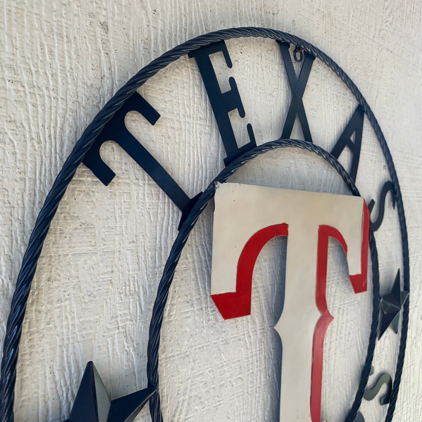 12", 18", 24", 32" TEXAS RANGERS BARN CUSTOM METAL VINTAGE CRAFT SIGN TEAM  WHITE & RED & NAVY BLUE RING & STAR HANDMADE
