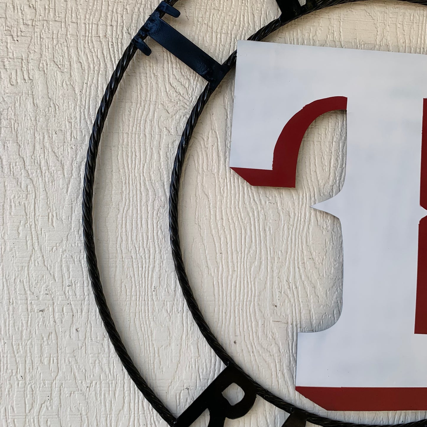 TEXAS RANGERS CUSTOM METAL VINTAGE CRAFT TEAM SIGN WHITE & RED WITH BLACK RING HANDMADE