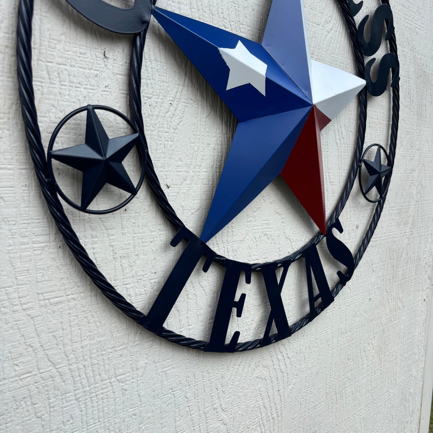 GOD BLESS TEXAS BARN STAR RED WHITE BLUE STAR WITH NAVY BLUE RING LONE STAR TWISTED ROPE RING WESTERN HOME DECOR HANDMADE