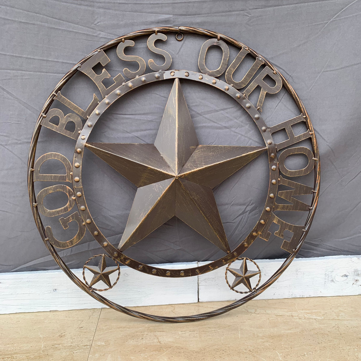 24" GOD BLESS OUR HOME BEADED STAR COLIBROX METAL TWISTED ROPE RING LONE STAR WALL ART WESTERN HOME DECOR RUSTIC DARK BRONZE COPPER HANDMADE NEW