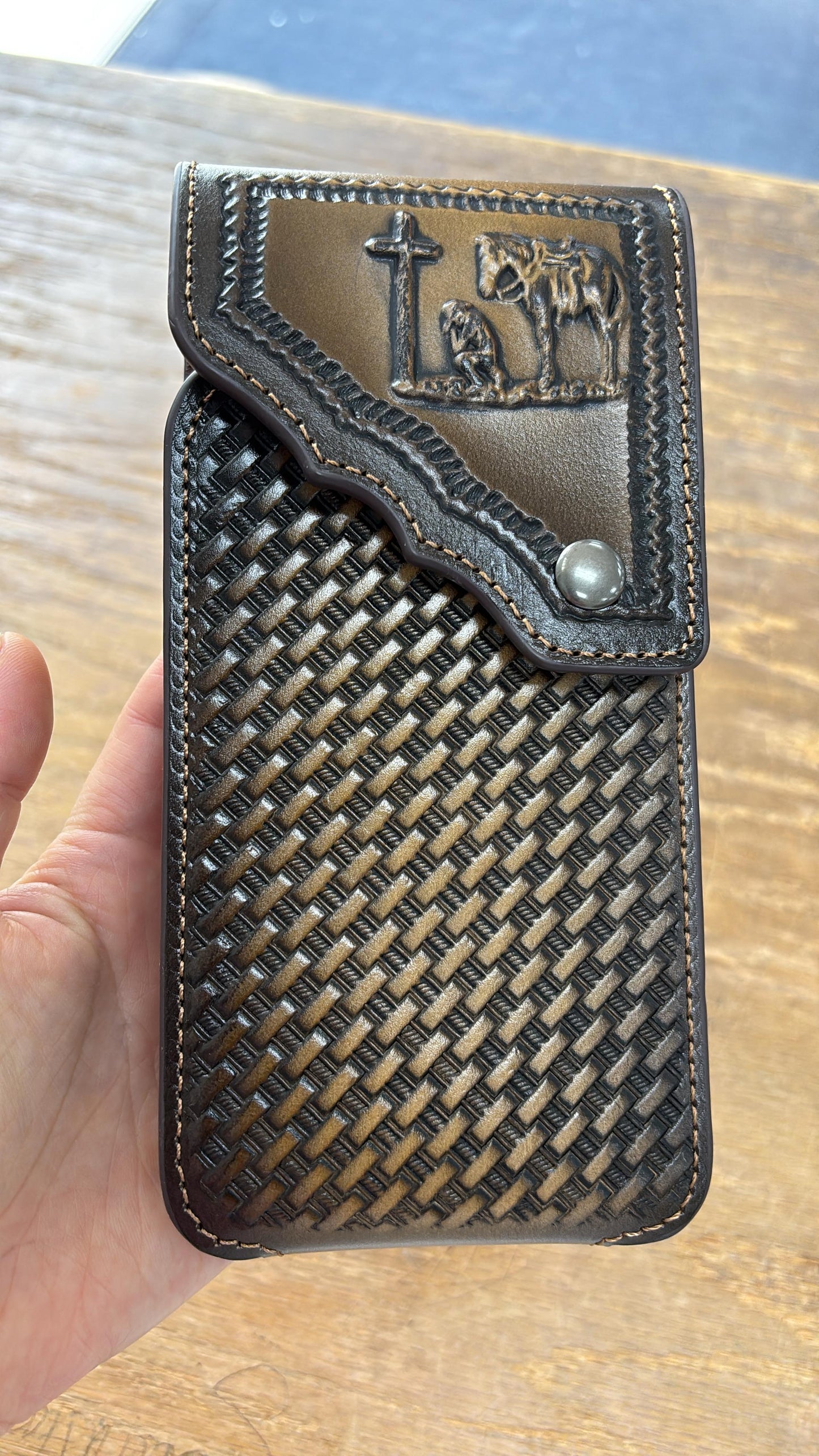 7" COWBOY PRAYER PHONE HOLSTER LEATHER LARGE BELT LOOP CASE UNIVERSAL #EH13817