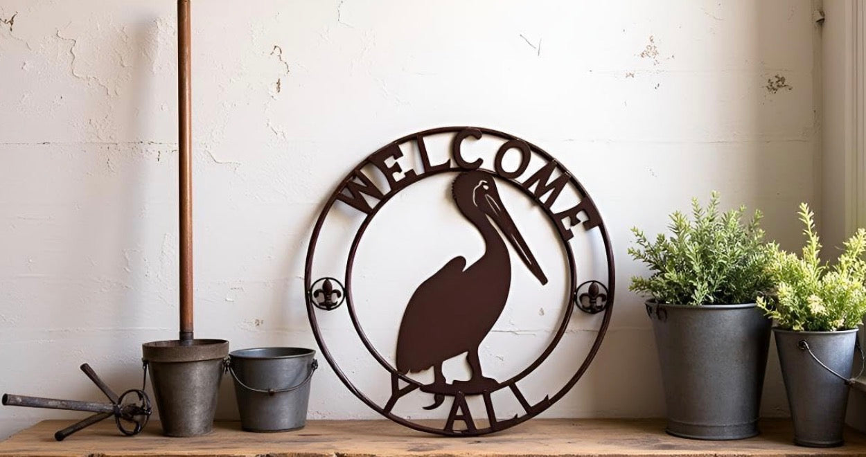 WELCOME PELICAN SIGN METAL WALL ART WESTERN HOME DECOR HANDMADE