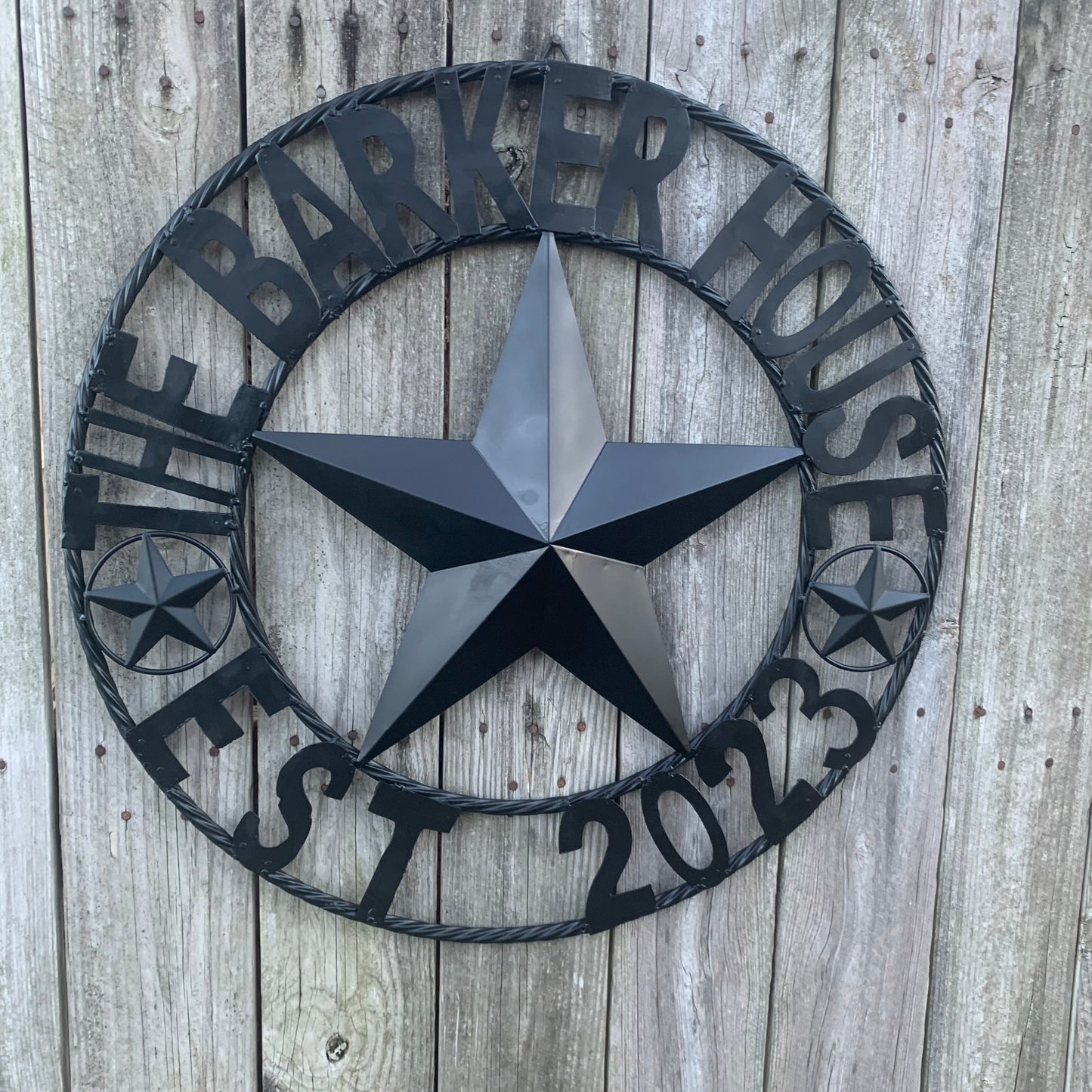 BARKER STYLE CUSTOM NAME STAR BARN METAL STAR 3d TWISTED ROPE RING LONESTAR WESTERN HOME DECOR RUSTIC BLACK HANDMADE 24",32",36",50"
