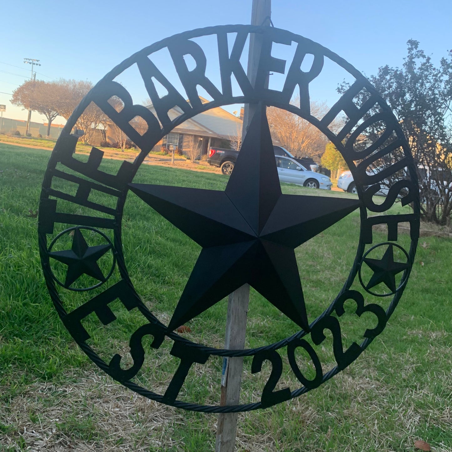 BARKER STYLE CUSTOM NAME STAR BARN METAL STAR 3d TWISTED ROPE RING LONESTAR WESTERN HOME DECOR RUSTIC BLACK HANDMADE 24",32",36",50"
