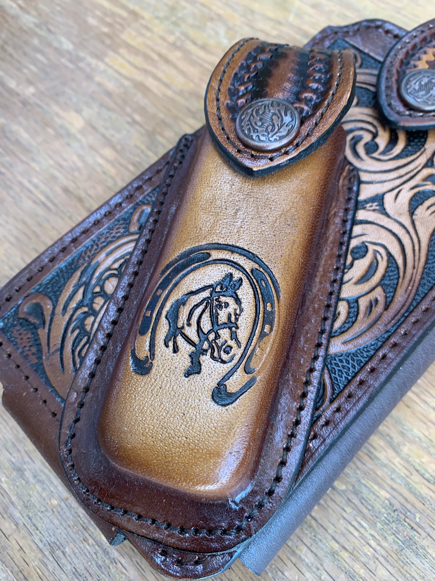 HORSESHOE LEATHER HOLSTER PHONE POUCH WITH KNIFE HOLDER FRONT EXTRA LARGE  BELT LOOP CELL PHONE CASE UNIVERSAL OVERSIZE #EH11715