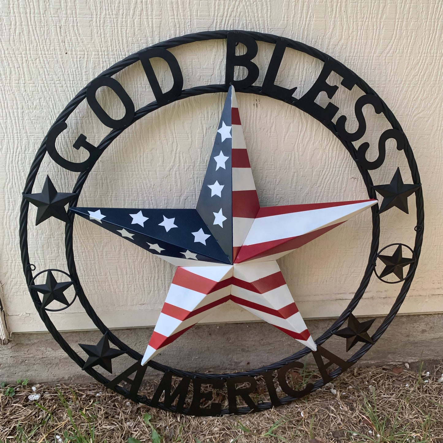 GOD BLESS AMERICA USA FLAG 3d STAR METAL BARN STAR BLACK TWISTED ROPE RING WALL ART WESTERN HOME DECOR RED WHITE & BLUE HANDMADE NEW #EH10490