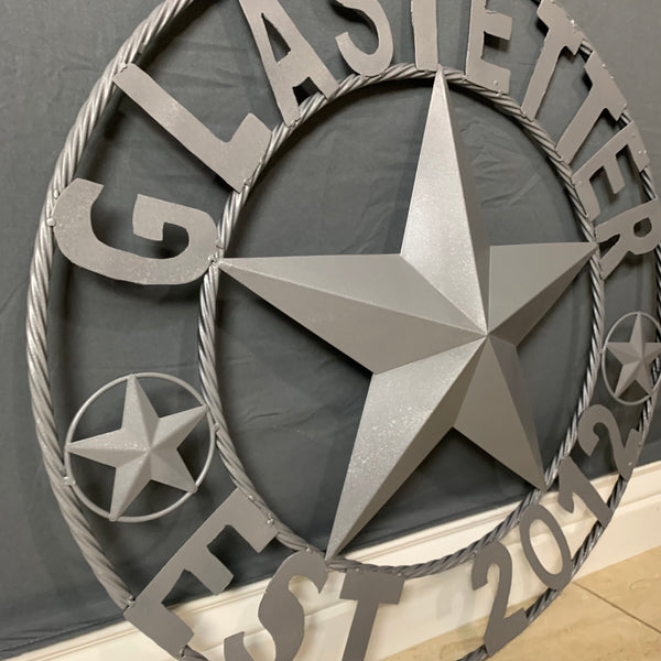 GLASTETTER STYLE YOUR CUSTOM NAME BARN STAR 3d METAL LONE STAR TWISTED ROPE RING WESTERN HOME DECOR RUSTIC GREY HANDMADE 24",32",36",50"