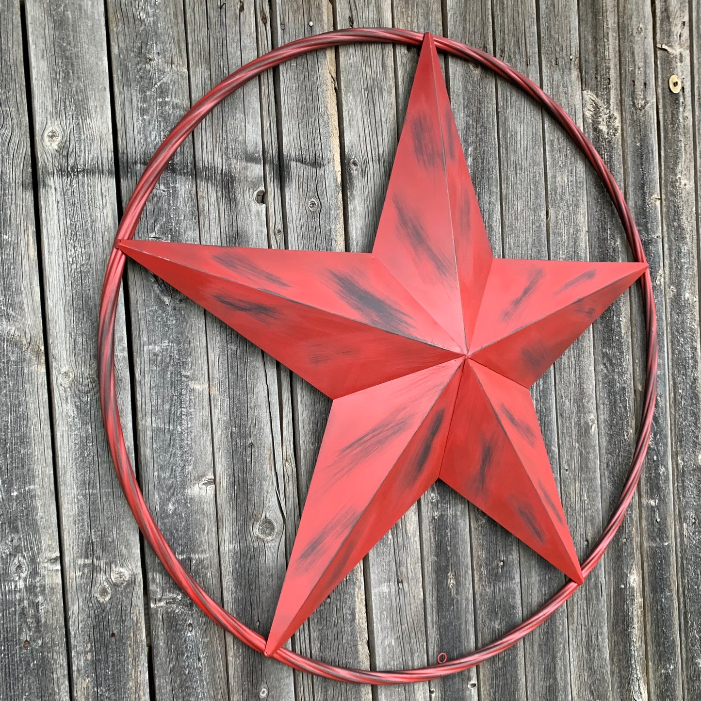 RED DISTRESSED STAR TWO TONE TEXTURE BARN STAR METAL LONESTAR TWISTED ROPE RING WESTERN HOME DECOR HANDMADE NEW #EH12958