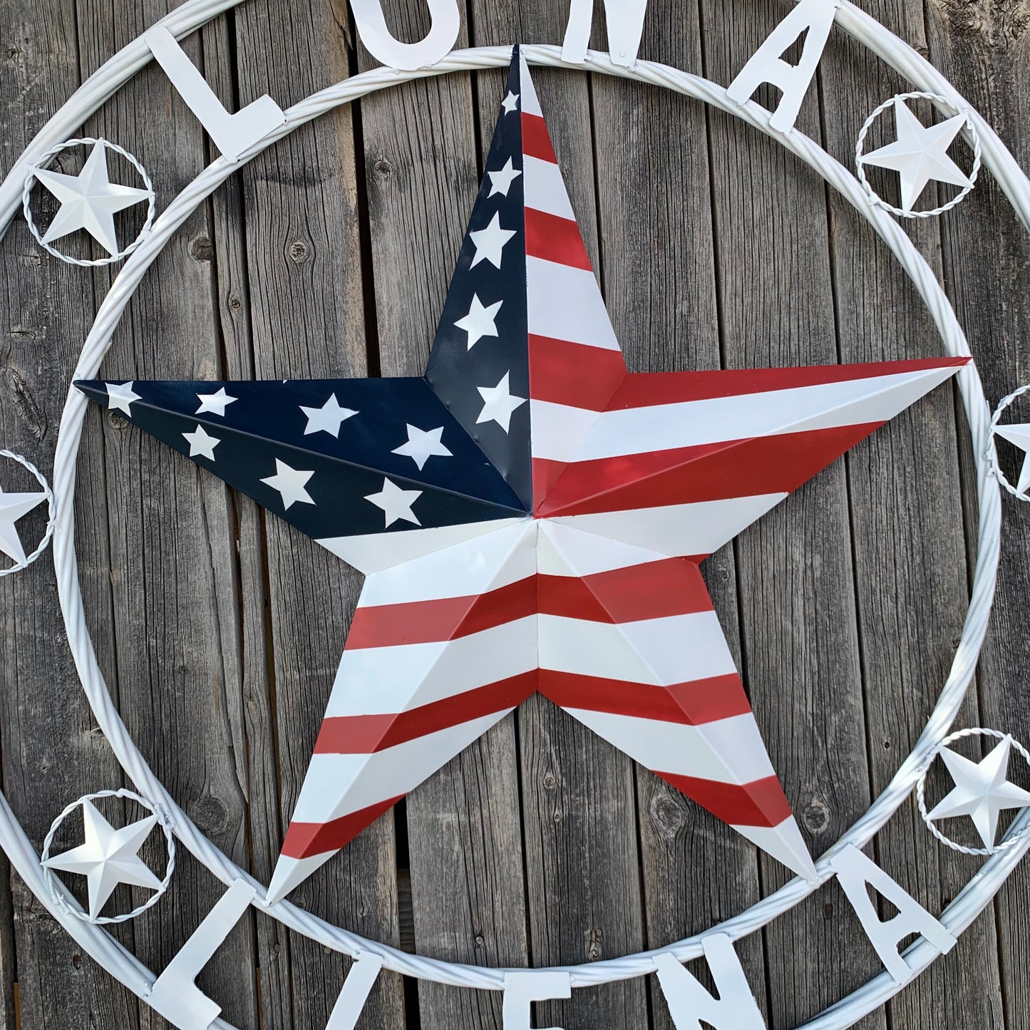 LUNA STYLE CUSTOM NAME BARN STAR METAL STAR 3d TWISTED ROPE RING WESTERN HOME DECOR USA FLAG STAR RED WHOTE & BLUE WITH WHITE RING HANDMADE 24",32",36",50"