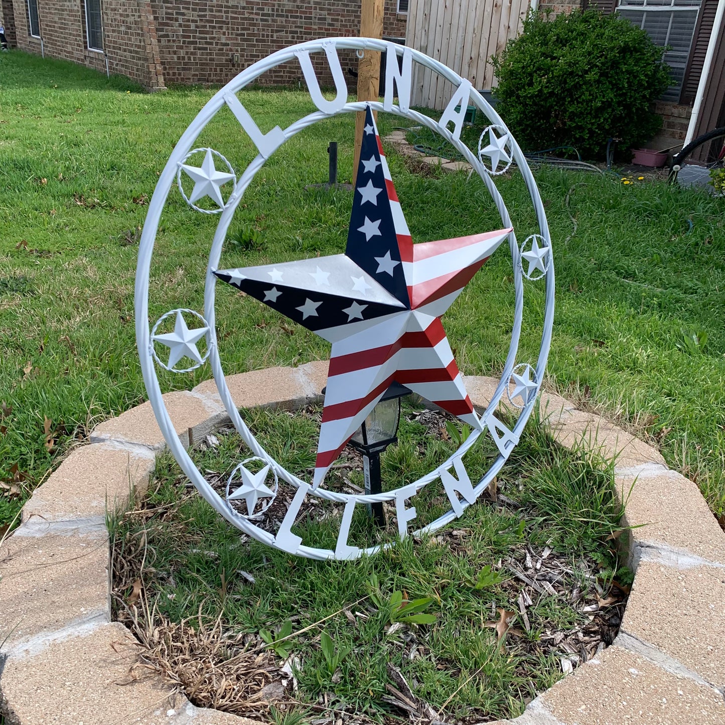 LUNA STYLE CUSTOM NAME BARN STAR METAL STAR 3d TWISTED ROPE RING WESTERN HOME DECOR USA FLAG STAR RED WHOTE & BLUE WITH WHITE RING HANDMADE 24",32",36",50"