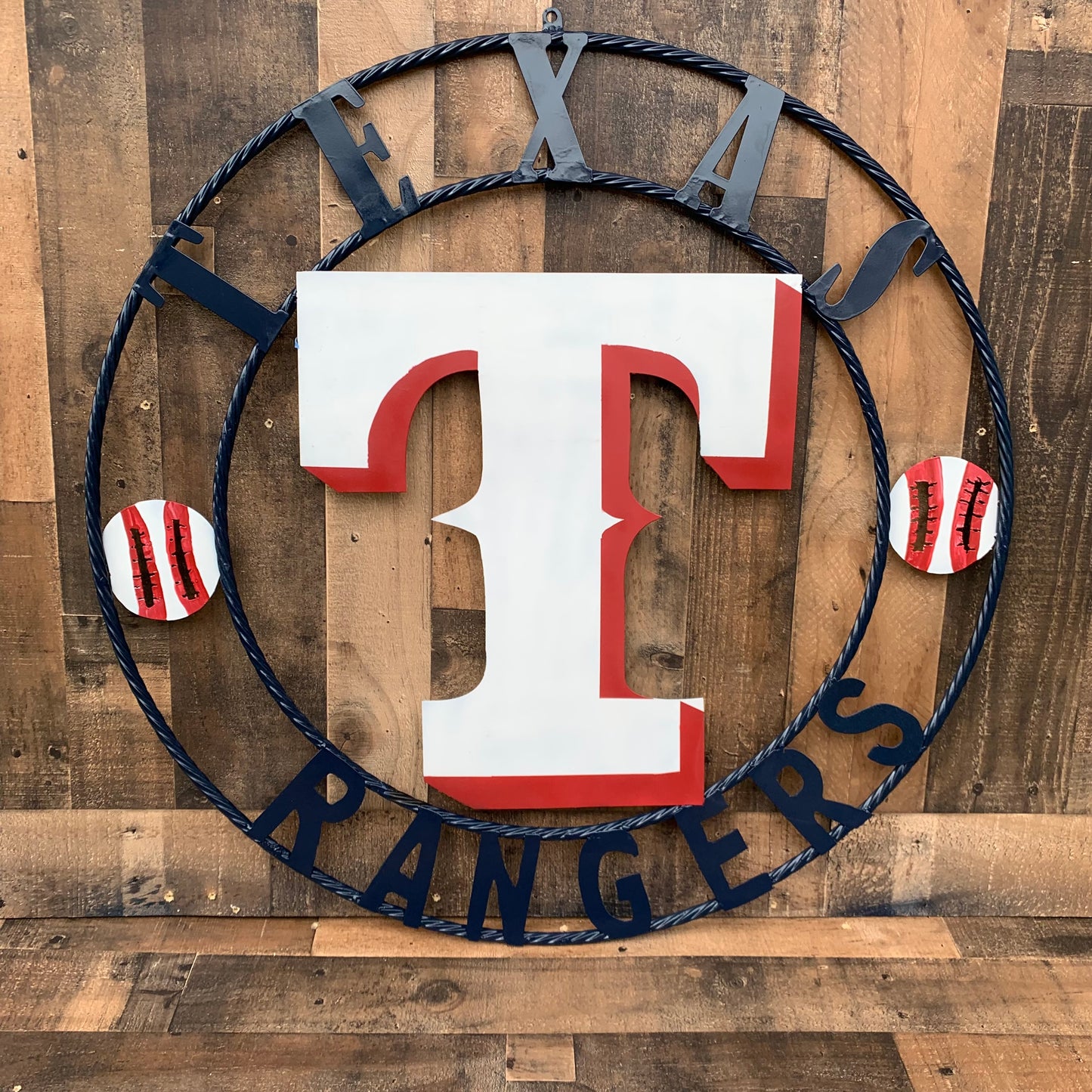 TEXAS RANGERS CUSTOM METAL VINTAGE CRAFT TEAM SIGN WHITE & RED & NAVY BLUE RING HANDMADE