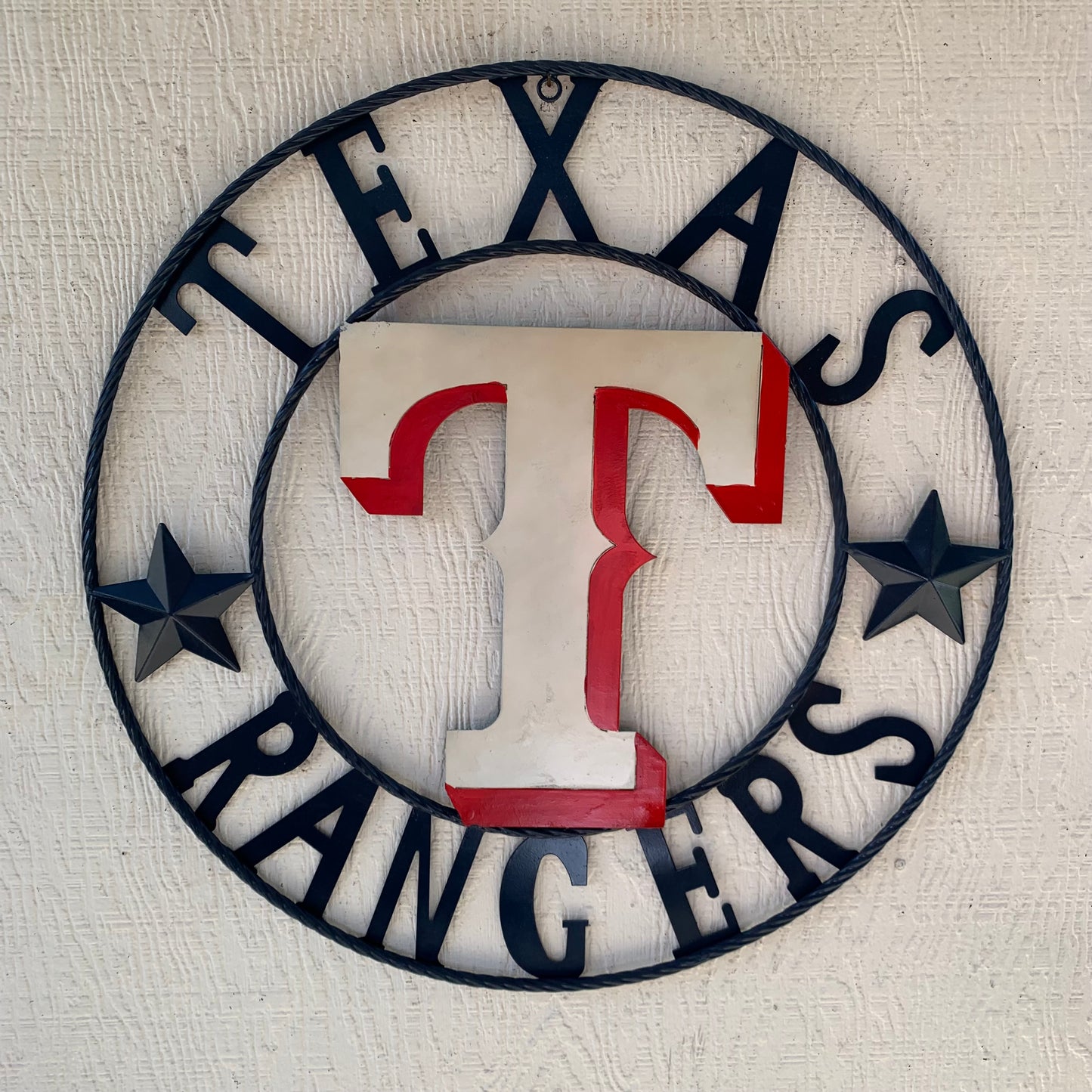 12", 18", 24", 32" TEXAS RANGERS BARN CUSTOM METAL VINTAGE CRAFT SIGN TEAM  WHITE & RED & NAVY BLUE RING & STAR HANDMADE