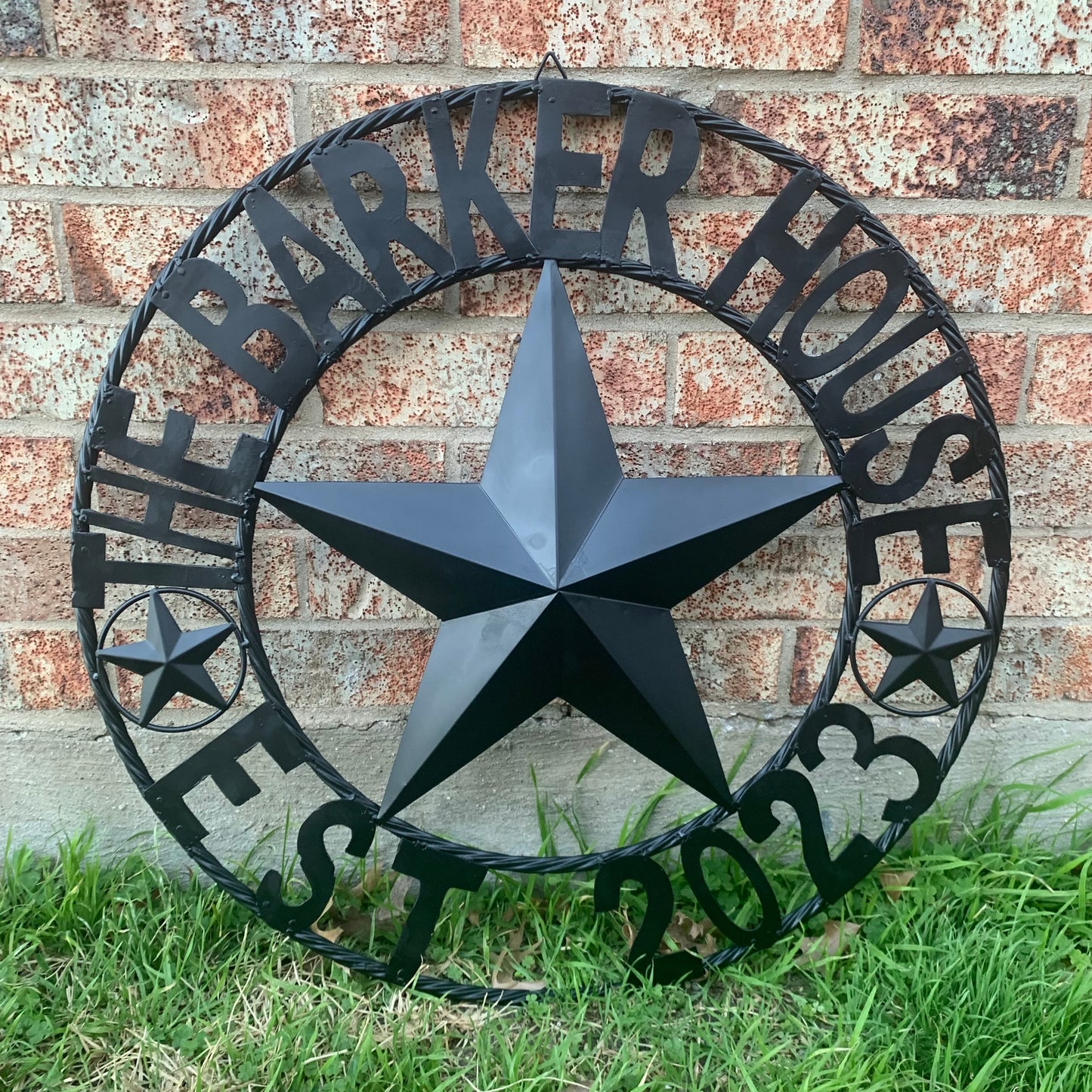 BARKER STYLE CUSTOM NAME STAR BARN METAL STAR 3d TWISTED ROPE RING LONESTAR WESTERN HOME DECOR RUSTIC BLACK HANDMADE 24",32",36",50"