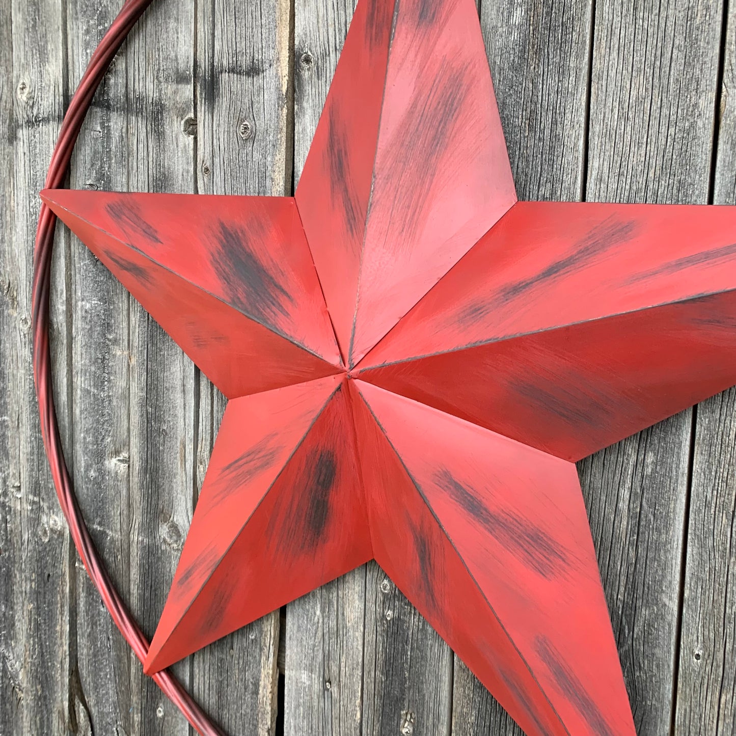 RED DISTRESSED STAR TWO TONE TEXTURE BARN STAR METAL LONESTAR TWISTED ROPE RING WESTERN HOME DECOR HANDMADE NEW #EH12958