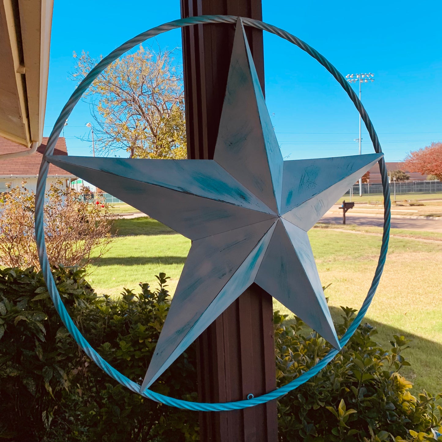#EH11219 TURQUOISE WHITE DISTRESSED STAR TWO TONE TEXTURE BARN STAR METAL LONESTAR TWISTED ROPE RING WESTERN HOME DECOR HANDMADE NEW