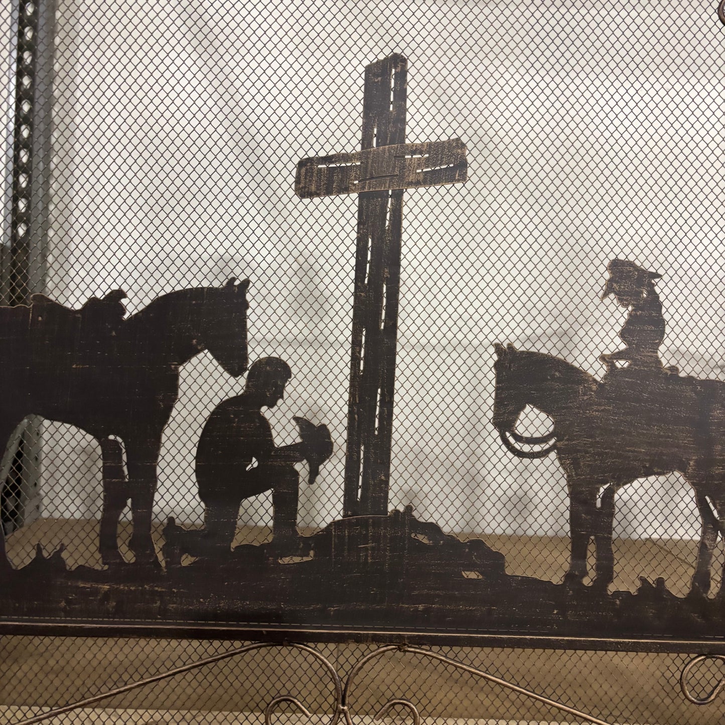 PRAYING COWBOY CHURCH METAL FIREPLACE SCREEN 39" X 34" WESTERN HOME DECOR HANDMADE #EH80004