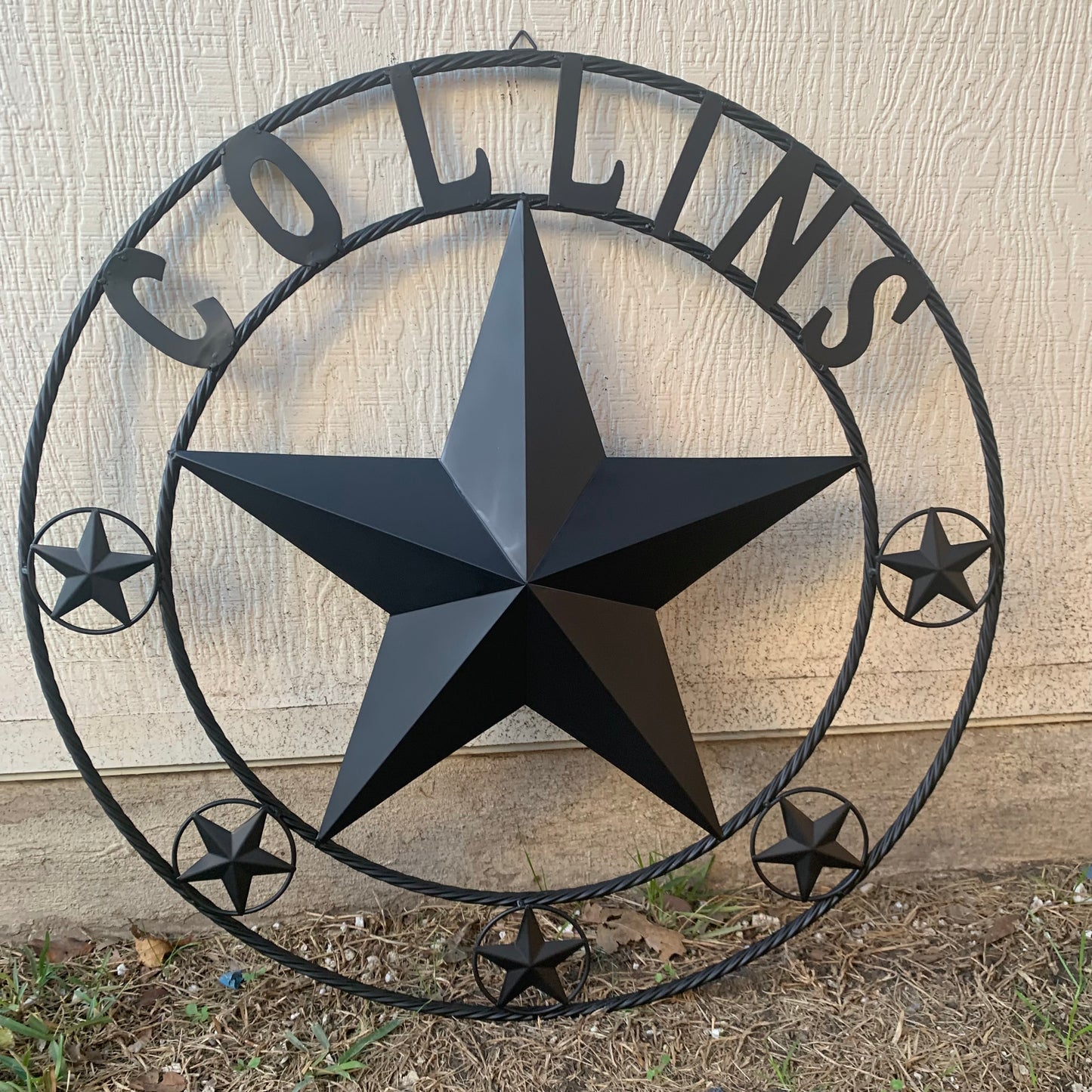 COLLINS STYLE CUSTOM STAR NAME BARN METAL STAR 3d TWISTED ROPE RING WESTERN HOME DECOR RUSTIC BLACK HANDMADE 24",32",36",50"