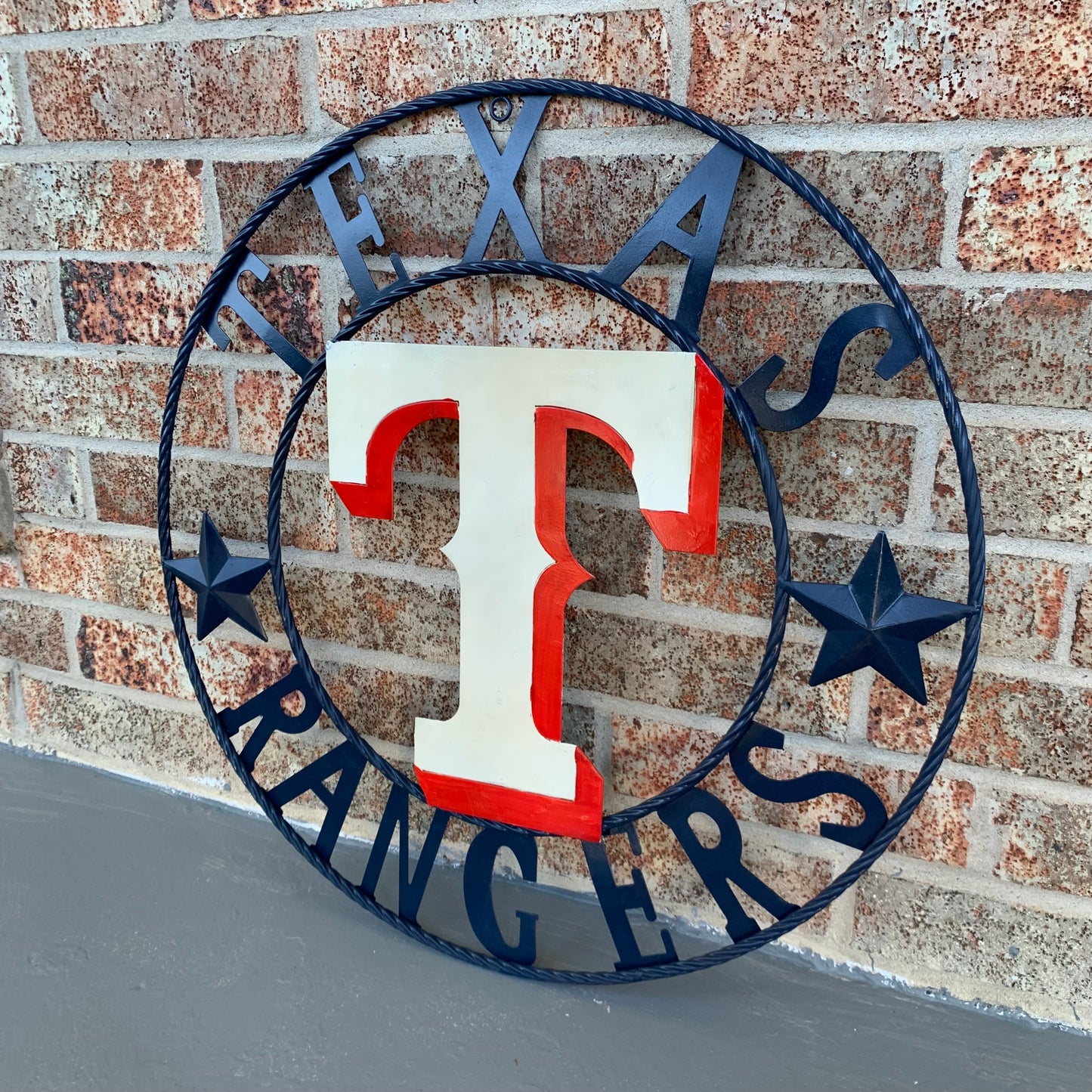 12", 18", 24", 32" TEXAS RANGERS BARN CUSTOM METAL VINTAGE CRAFT SIGN TEAM  WHITE & RED & NAVY BLUE RING & STAR HANDMADE