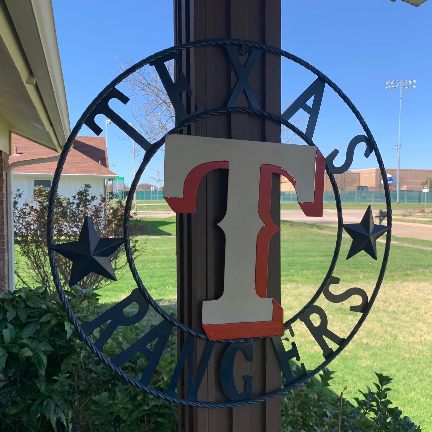 12", 18", 24", 32" TEXAS RANGERS BARN CUSTOM METAL VINTAGE CRAFT SIGN TEAM  WHITE & RED & NAVY BLUE RING & STAR HANDMADE
